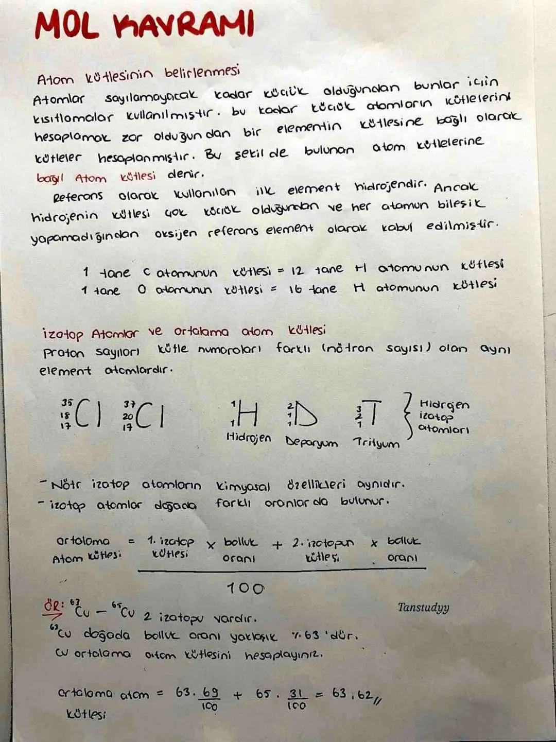 MOL KAVRAMI
Atom kütlesinin belirlenmesi
Atomlar sayılamayacak kadar küçük olduğundan bunlar için
kısıtlamalar kullanılmıştır. bu kadar küçü