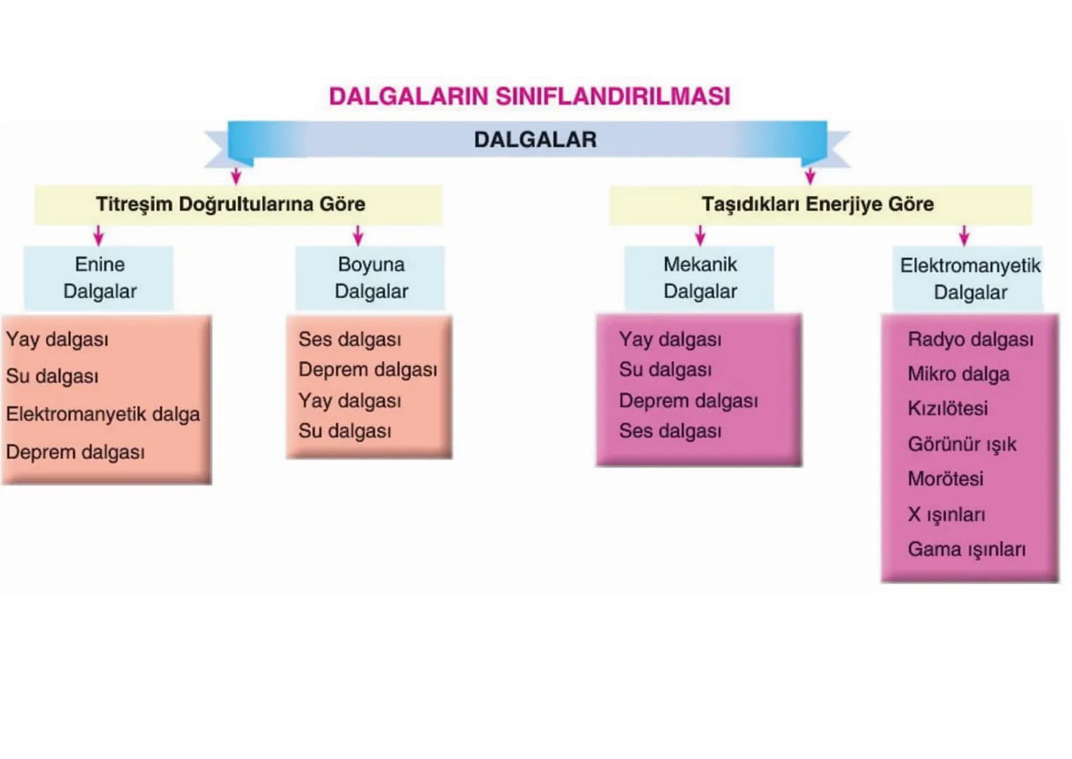 DALGALARIN SINIFLANDIRILMASI
DALGALAR
Titreşim Doğrultularına Göre
Enine
Dalgalar
Yay dalgası
Su dalgası
Elektromanyetik dalga
Deprem dalgas