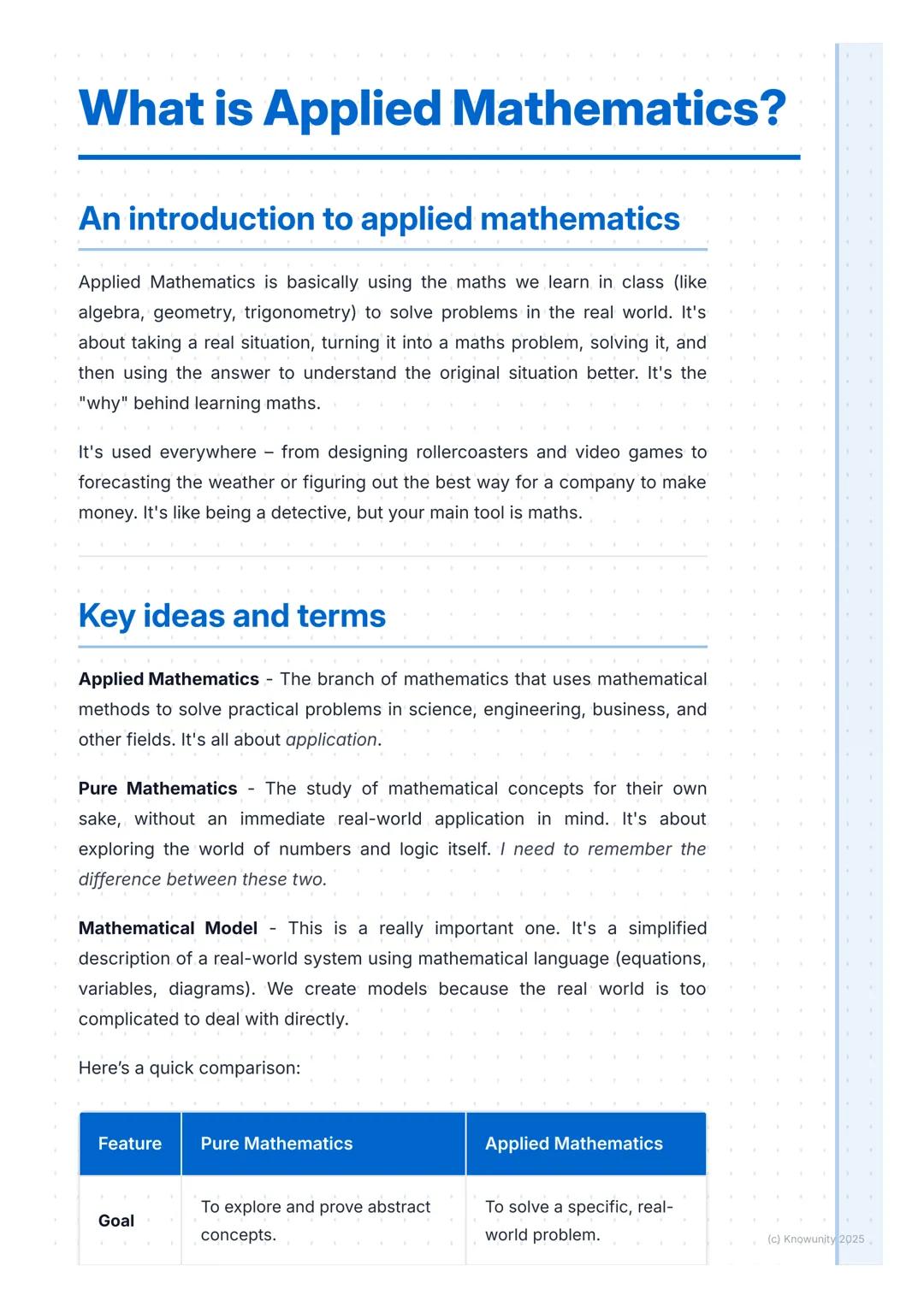 # What is Applied Mathematics?

An introduction to applied mathematics

Applied Mathematics is basically using the maths we learn in class (