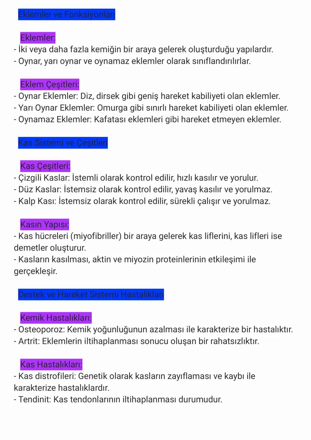 Destek ve Hareket Sistemi
Destek ve Hareket Sisteminin Bölümleri
İskelet Sistemi:
- İskelet, vücuda destek sağlayan, organları koruyan ve ha