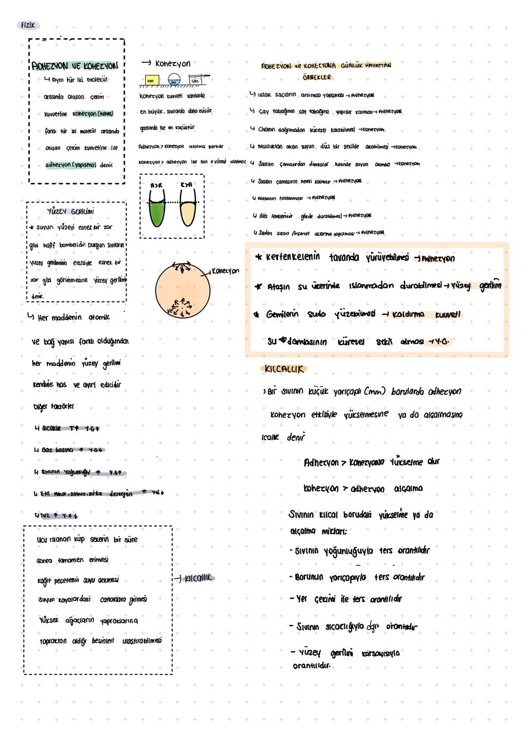 FIZIK
+
ADHEZYON VE KOHEZYON
Aynı tür Iki molekül
→ Konezyon
+
arasında oluşan çekim
Kuvvetine konezyon (tutma)
farkı tür iki molekül arasın
