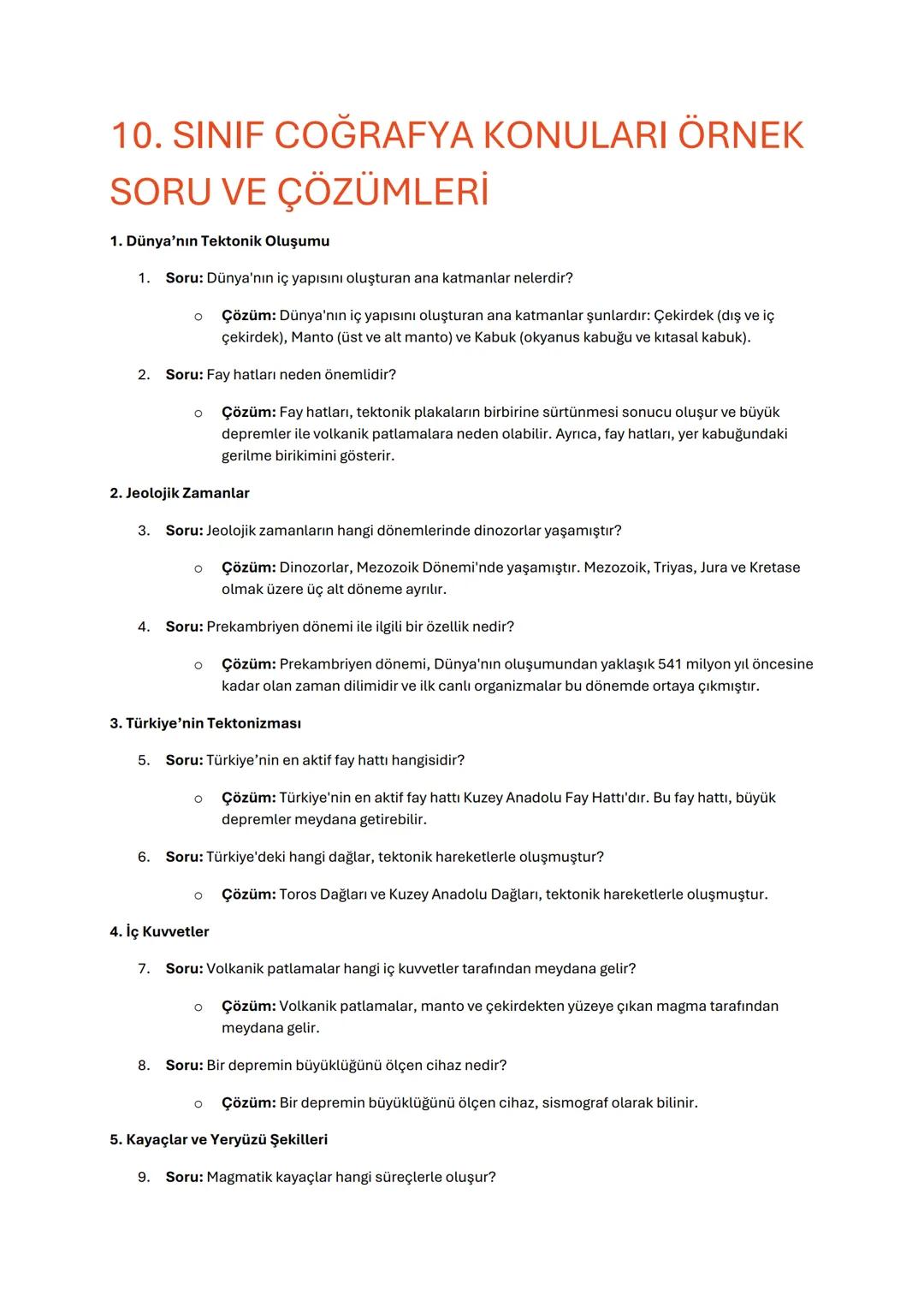 10. SINIF COĞRAFYA KONULARI ÖRNEK SORU VE ÇÖZÜMLERİ