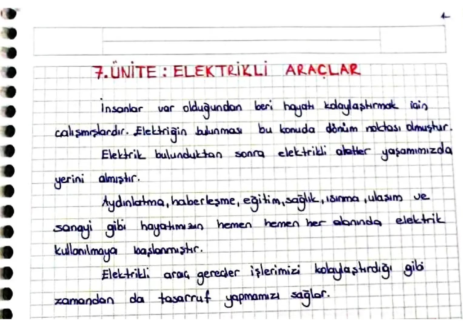 7. ÜNİTE: ELEKTRİKLİ ARAÇLAR
Insanlar var
olduğundan beri hayatı kolaylaştırmak iain.
calışmışlardır. Elektriğin bulunması bu konuda dönüm n