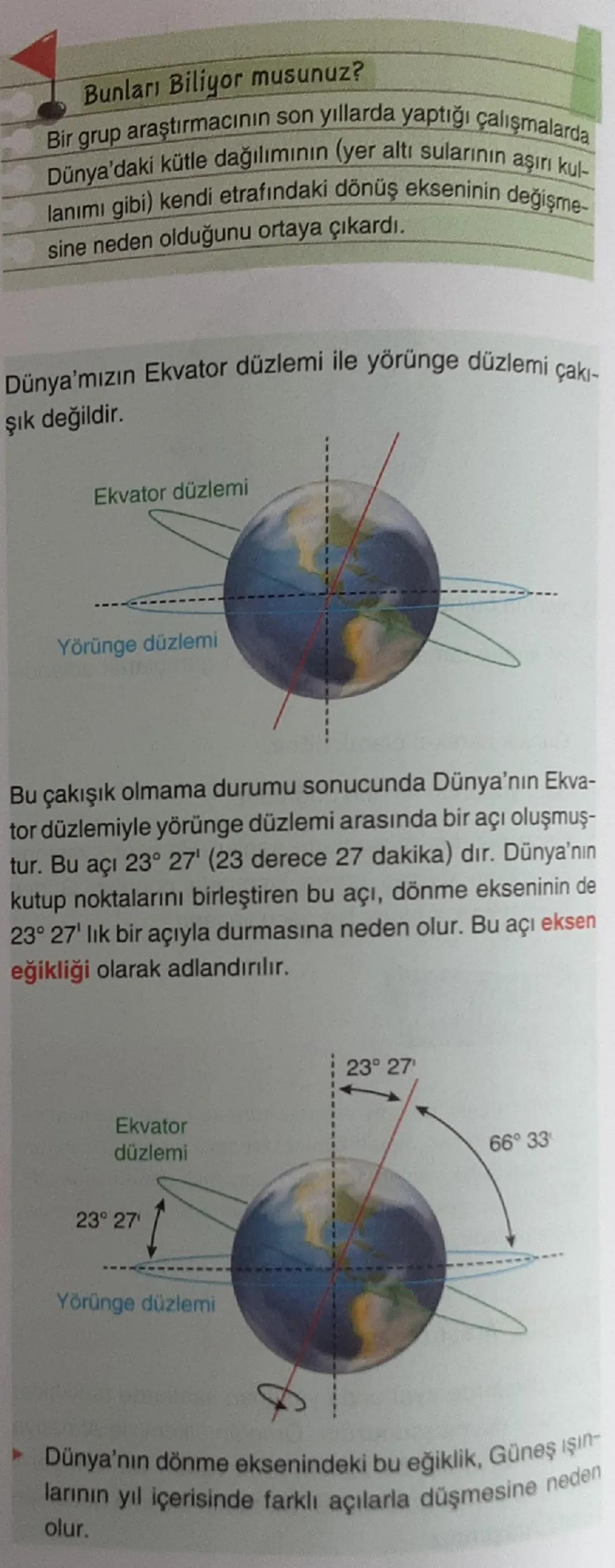 Daha önce Dünya'nın hareketlerini öğrenmiştiniz. Bu
hareketler Dünya'nın kendi ekseni etrafında dönme ha-
reketi, Güneş çevresinde dolanma h