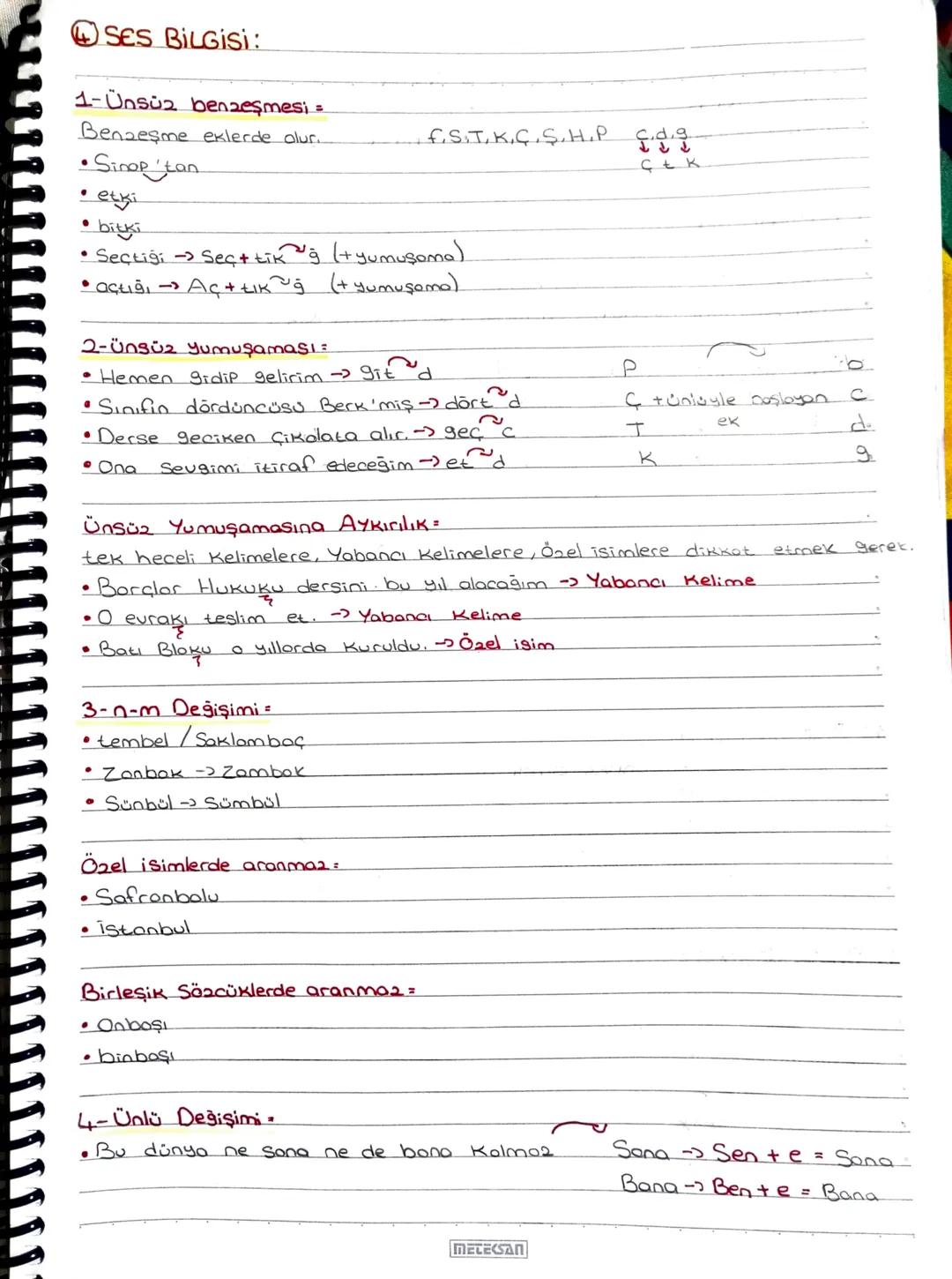 SES BILGISI:
1-Ünsüz benzeşmesi =
Benzeşme eklerde olur.
f.S.T, K. C.S.H.P c.d.s..
Ctk
•Sinop'tan
Letki
• bitki
Seçtiği -> Sec+ tik "ġ (+yum
