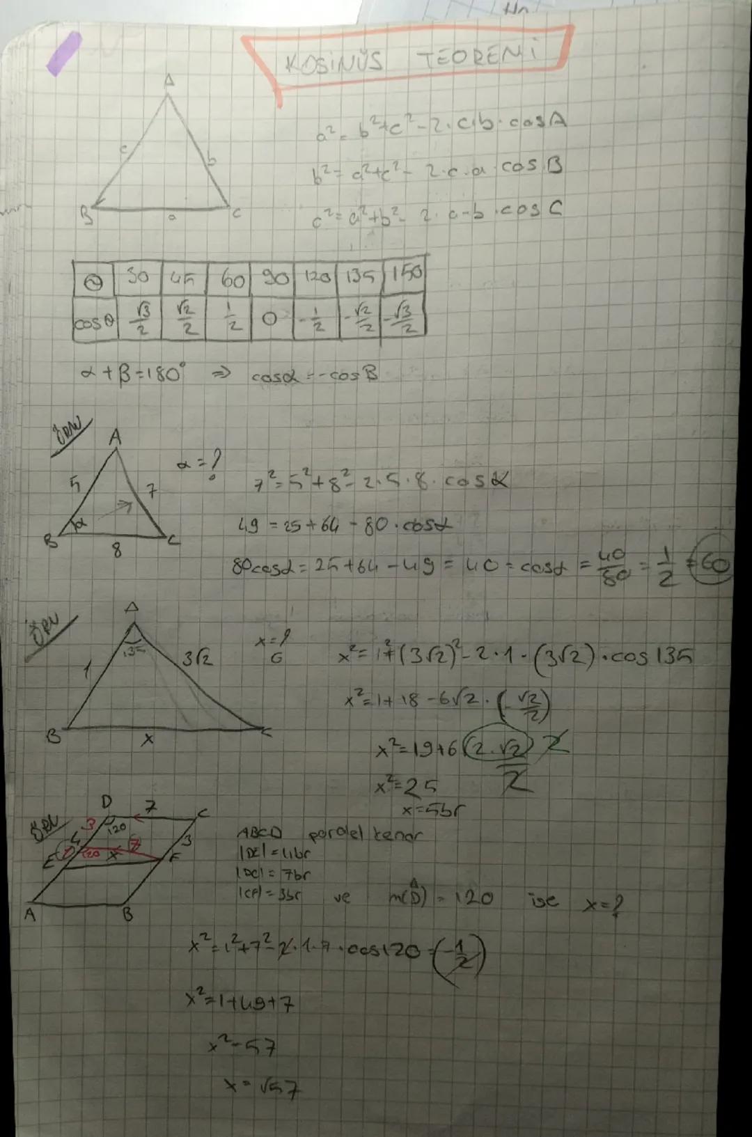 Ho

B
A
C
KOSINUS TEORENI
a²=b²+c²-2.c.b.cosA
b²=a²+c²-2.c.a.cos B
c²=a²+b²-2.a.b.cos C

| 30 | 45 | 60 | 90 | 120 | 135 | 150 |
|---|---|--