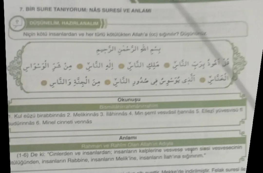 7 sınıf din kültürü nas suresi ve anlamı