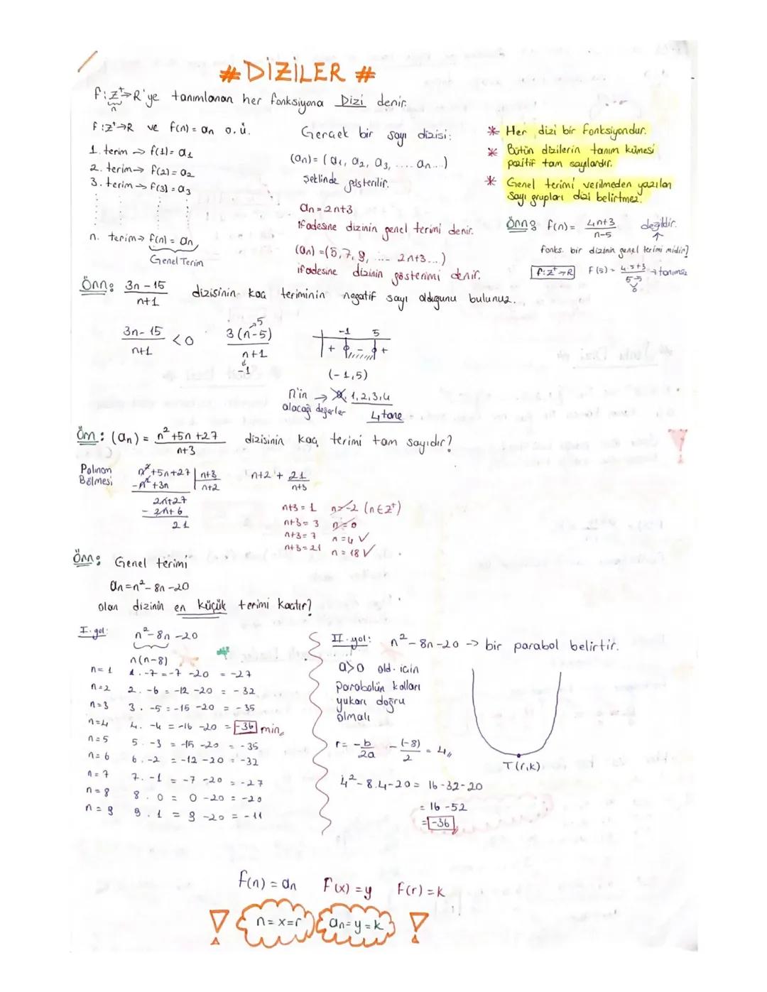 #DİZİLER #

FZR'ye tanımlanan her fonksiyona Dizi denir.

FZR ve f(n)= an o. u.

1. terin f(1)=a

2. terim f(2)=02

3. terim F(3) 03

n. ter