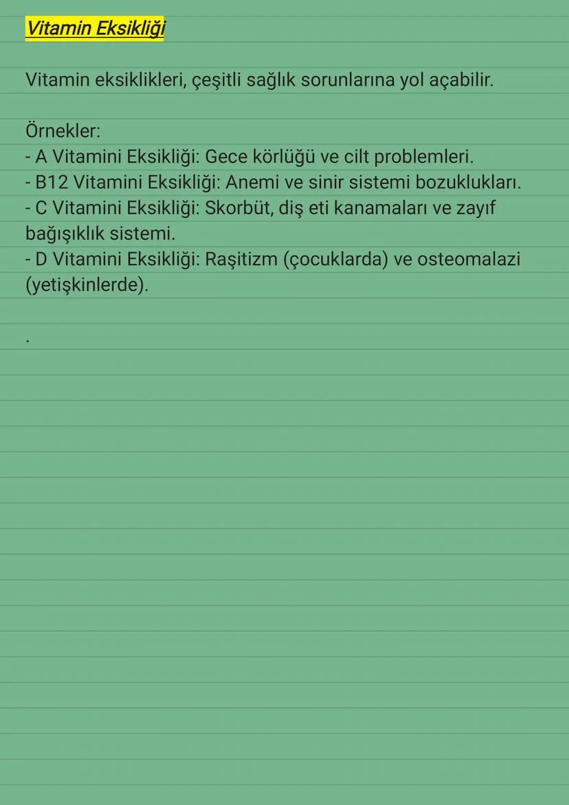 Vitaminler
Vitaminler, vücudun normal işleyişi için gerekli olan organik
bileşiklerdir. Vücutta yeterli miktarda üretilemedikleri için
besin