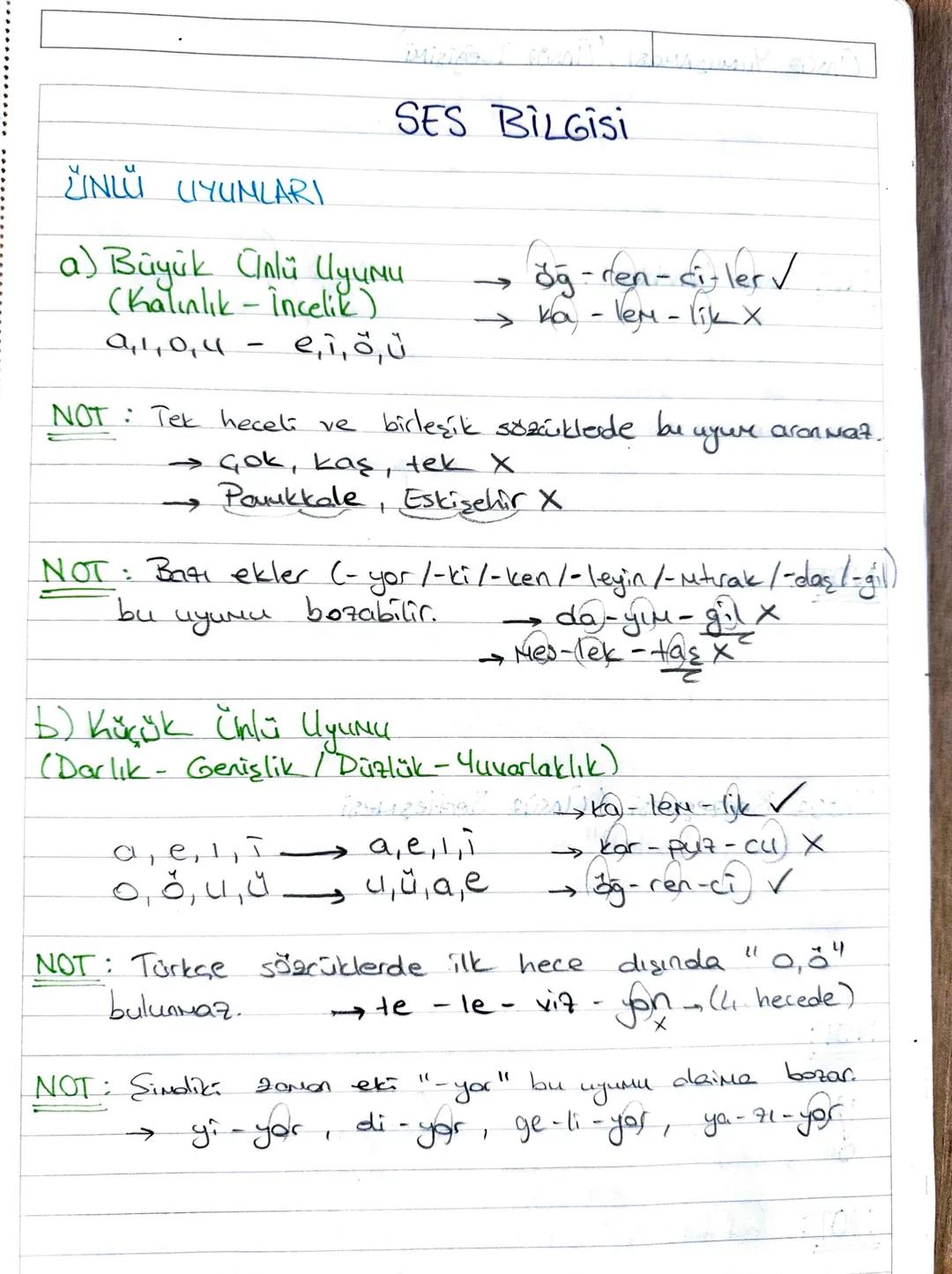 ÜNLÜ UYUMLARI
SES BILGISi
a) Büyük Cinlü Uyumu
(Kalınlık - incelik)
öğ-ren- sigler ✓
→ ka - lem-lik x
9,40,4
-
e₁₁₁ŏ, ü
NOT: Tek heceli ve b