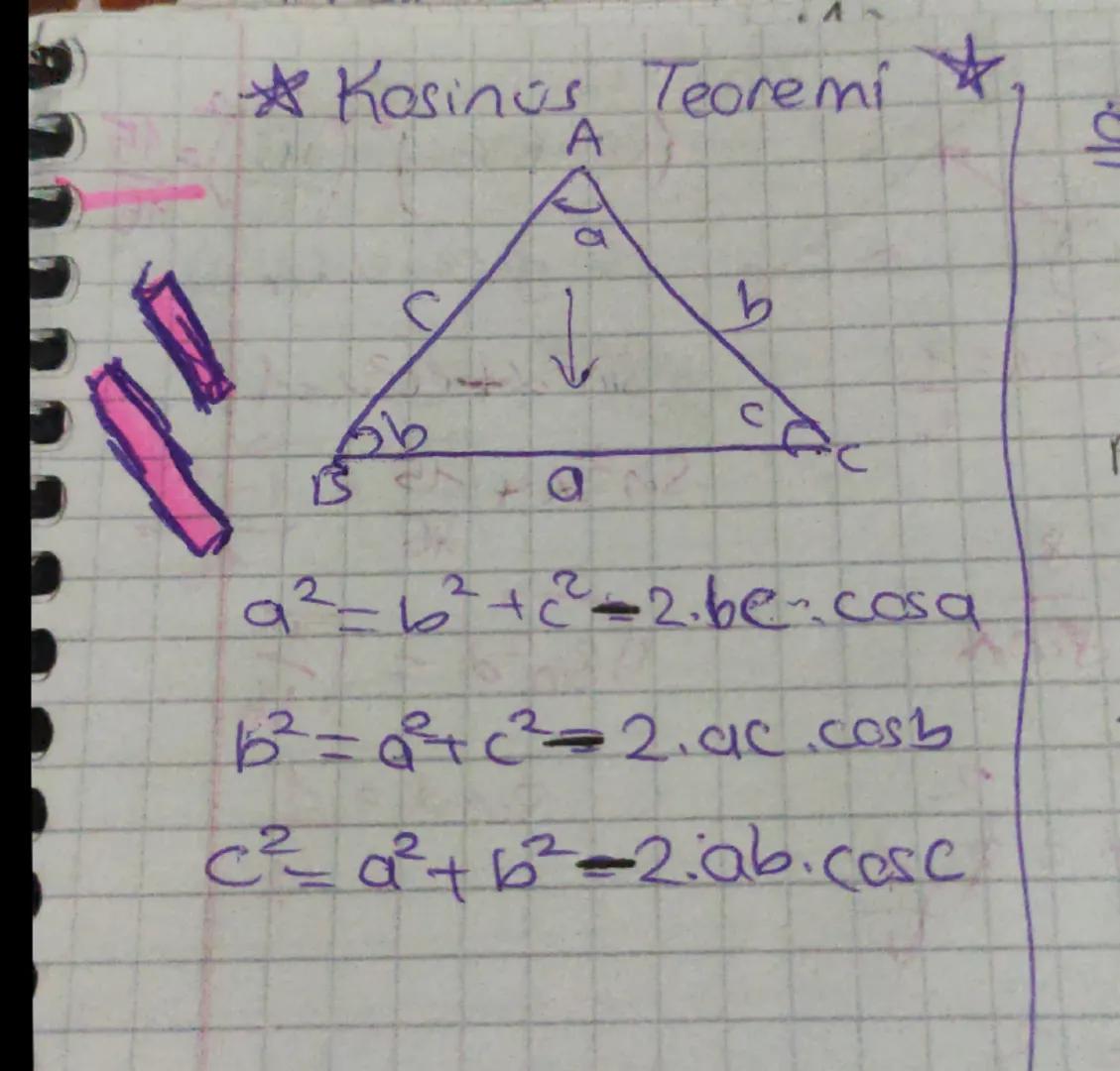 * Kosinus Teoremi *

A
C
66
15
a
a
b
$a^{2}=b^{2}+c^{2}-2.bc.cosa$
$b^{2}=a^{2}+c^{2}-2.ac.cosb$
$C^{2}=a^{2}+b^{2}-2ab.csc$ # Sinus Teoremi