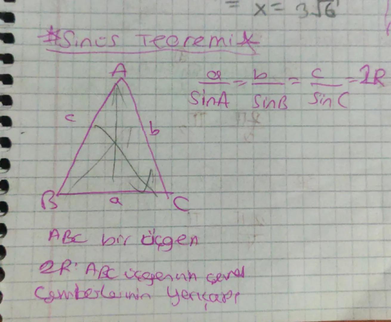 * Kosinus Teoremi *

A
C
66
15
a
a
b
$a^{2}=b^{2}+c^{2}-2.bc.cosa$
$b^{2}=a^{2}+c^{2}-2.ac.cosb$
$C^{2}=a^{2}+b^{2}-2ab.csc$ # Sinus Teoremi