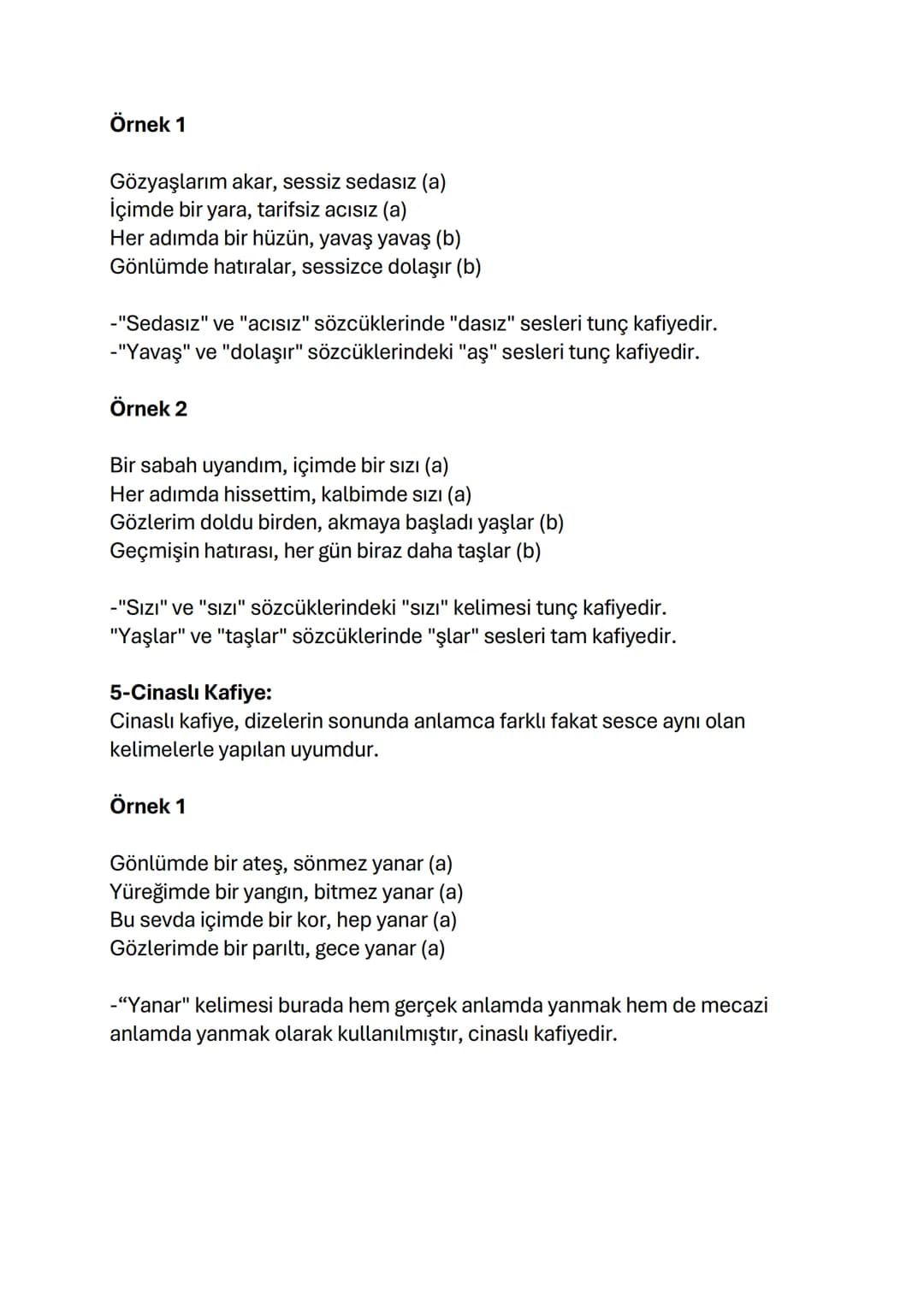 Kafiye Türleri ve Örnekleri
1-Yarım Kafiye: Yarım kafiye, dizelerin sonunda tek sesin uyum
göstermesiyle oluşur.
Örnek 1
Gökyüzünde yalnız g