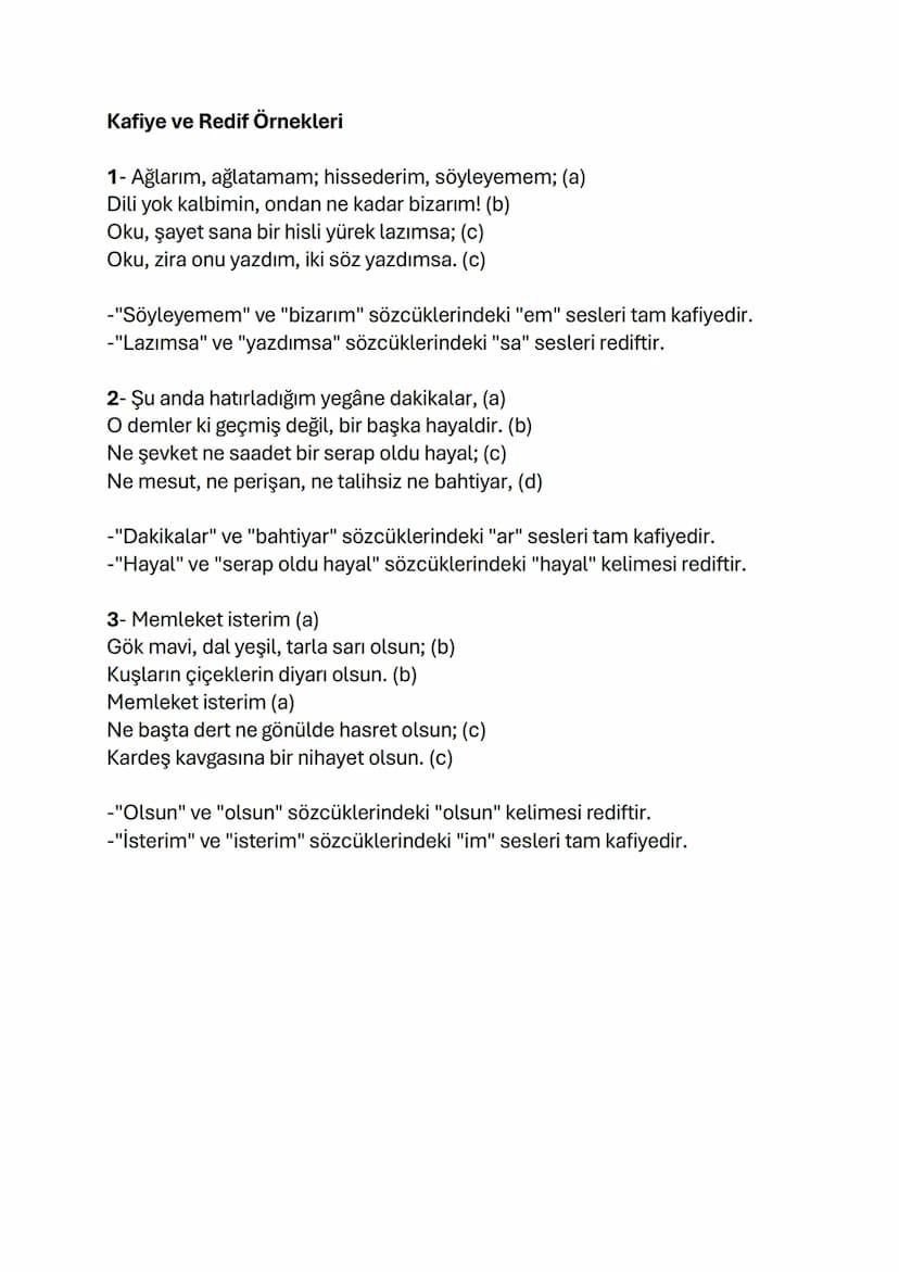Kafiye Türleri ve Örnekleri
1-Yarım Kafiye: Yarım kafiye, dizelerin sonunda tek sesin uyum
göstermesiyle oluşur.
Örnek 1
Gökyüzünde yalnız g