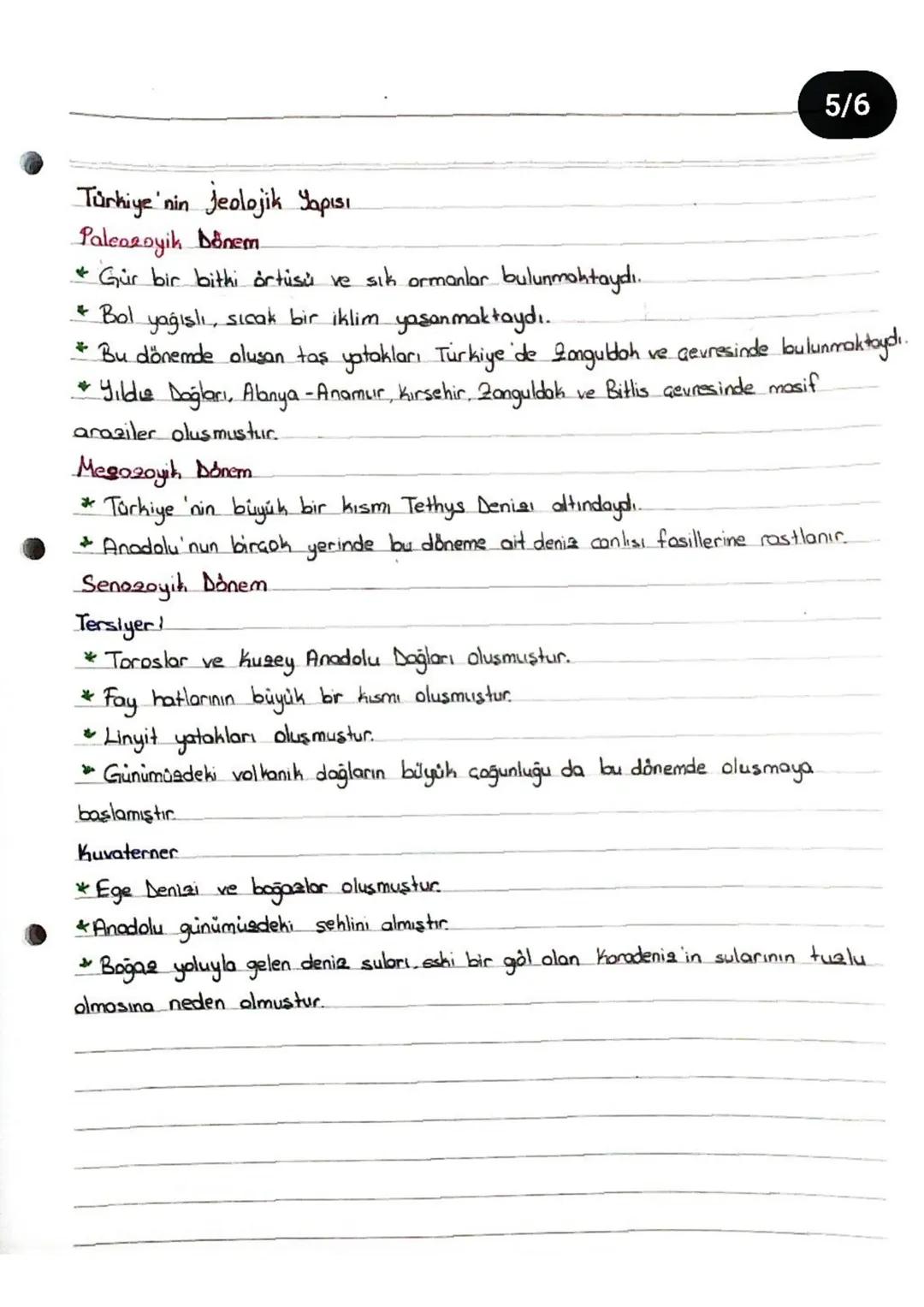 5/6
Türkiye'nin jeolojik Yapısı
Paleozoyik Dönem
* Gür bir bitki örtüsü ve sık ormanlar bulunmaktaydı..
* Bol yağışlı, sıcak bir iklim yaşan