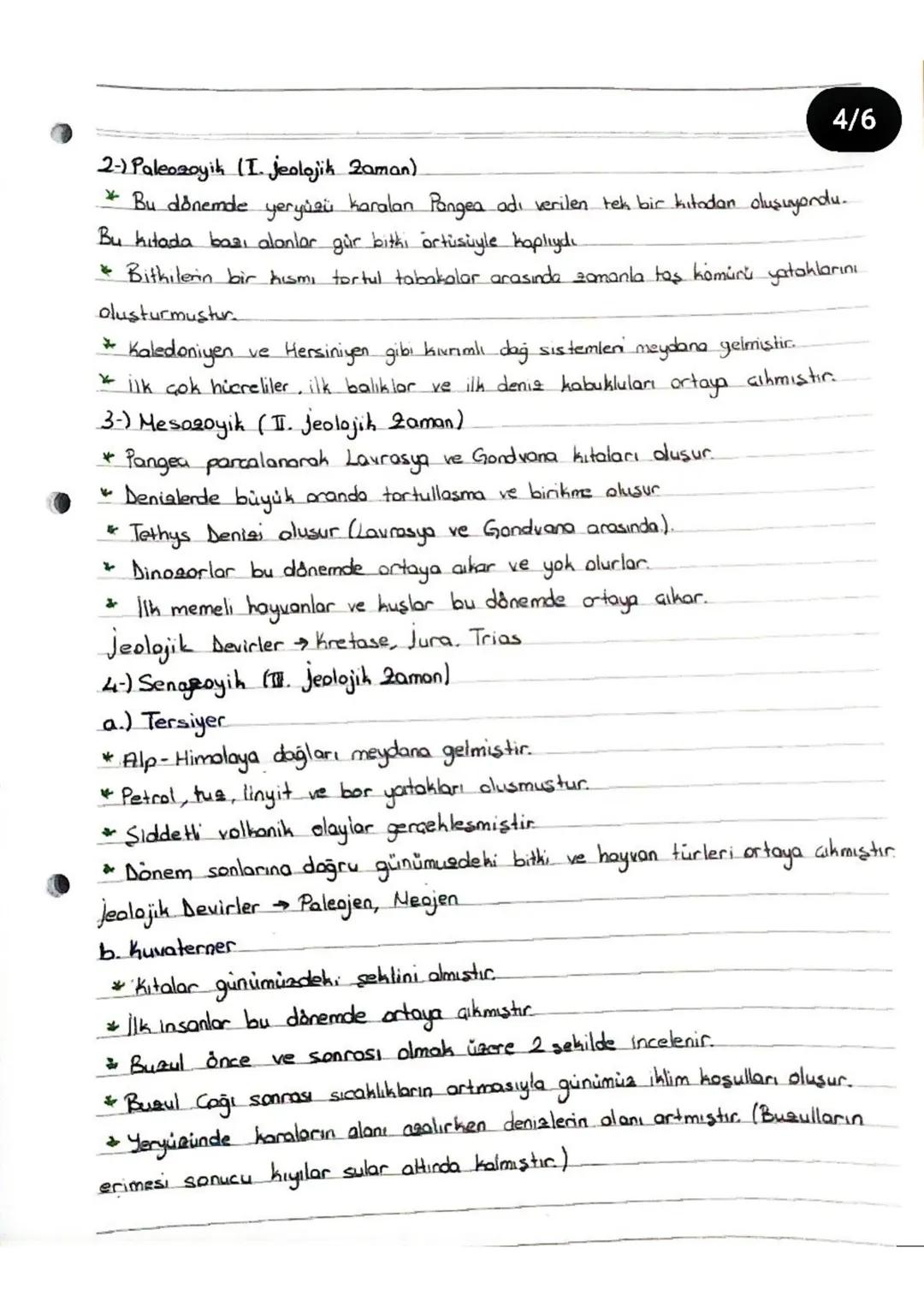 5/6
Türkiye'nin jeolojik Yapısı
Paleozoyik Dönem
* Gür bir bitki örtüsü ve sık ormanlar bulunmaktaydı..
* Bol yağışlı, sıcak bir iklim yaşan