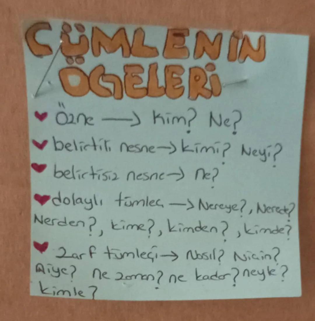 CÜMLENIN
ÖGELERİ
Öane - kim? Ne?
belirtili nesne-> kimi? Neyi?
belirtisiz nesne ne?
dolaylı tümler-> Nereye?, Nerede?
Nerden?, kime?, kimden