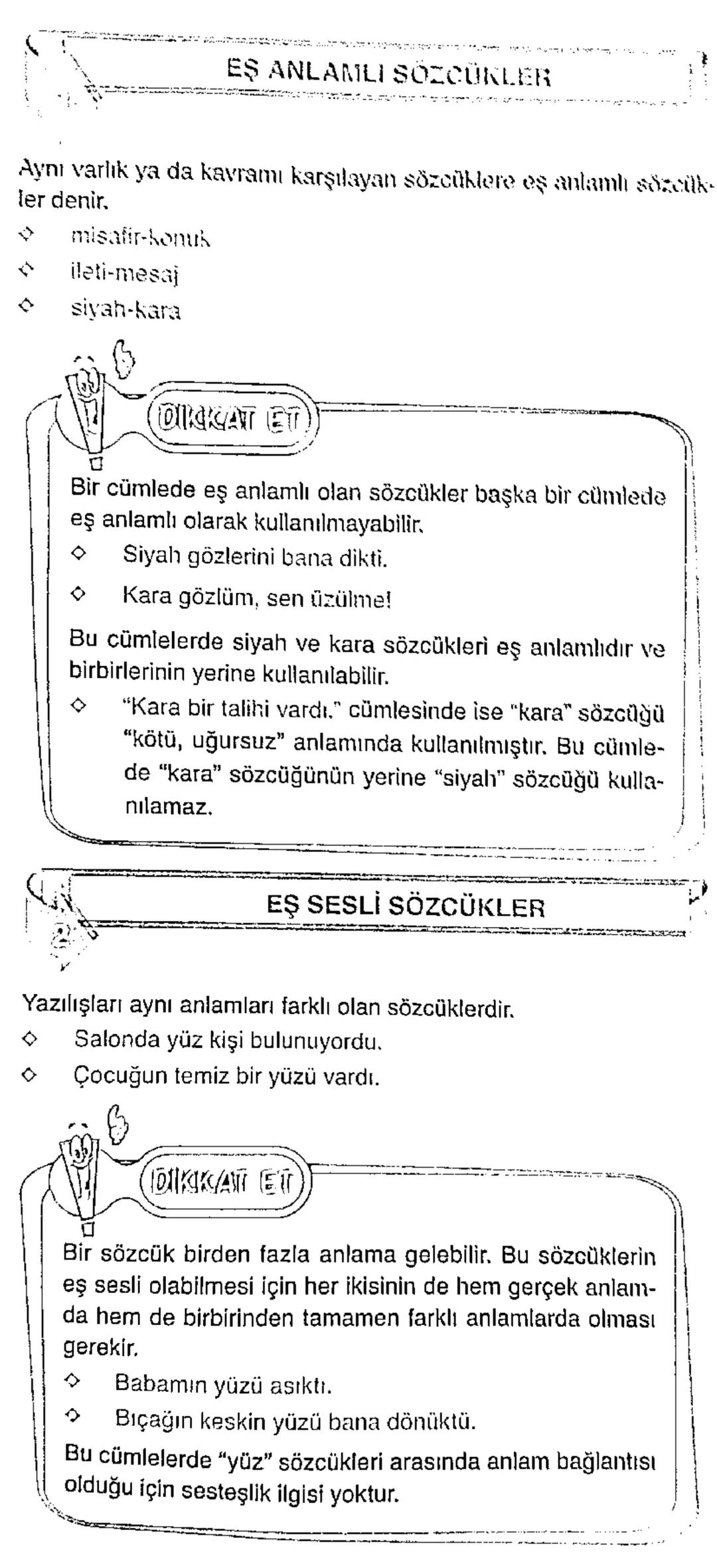# EŞ ANLAMLI SÖZCÜKLER

Aynı varlık ya da kavramı karşılayan sözcüklere eş anlamlı sözcük
ler denir.

◇ misafir-konus
◇ ileti-mesaj
◇ siyah-