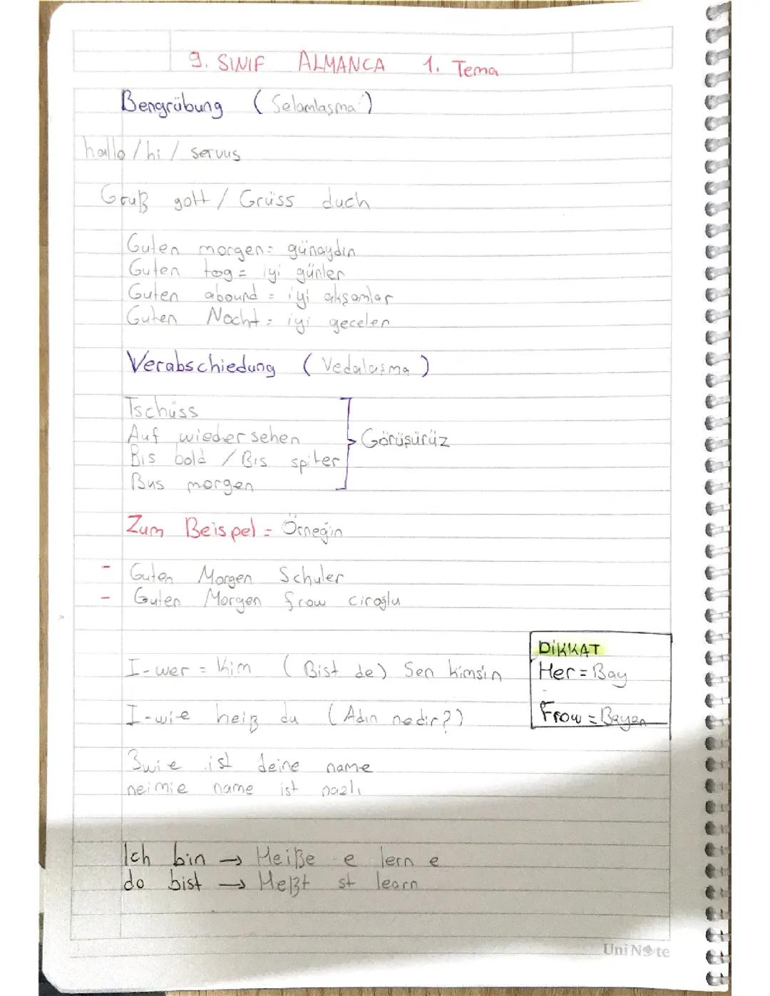 9. Sınıf Almanca 1. Tema 