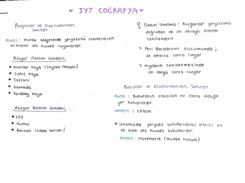 = JYJ COĞRAFYA=
Rüzgarlar ve Oluşturdukları
Sekiller
Kural: Kurak bölgelerde yeryüzünü sekillendiren
en önemli dış kuvvet rüzgarlardır.
Rüzg