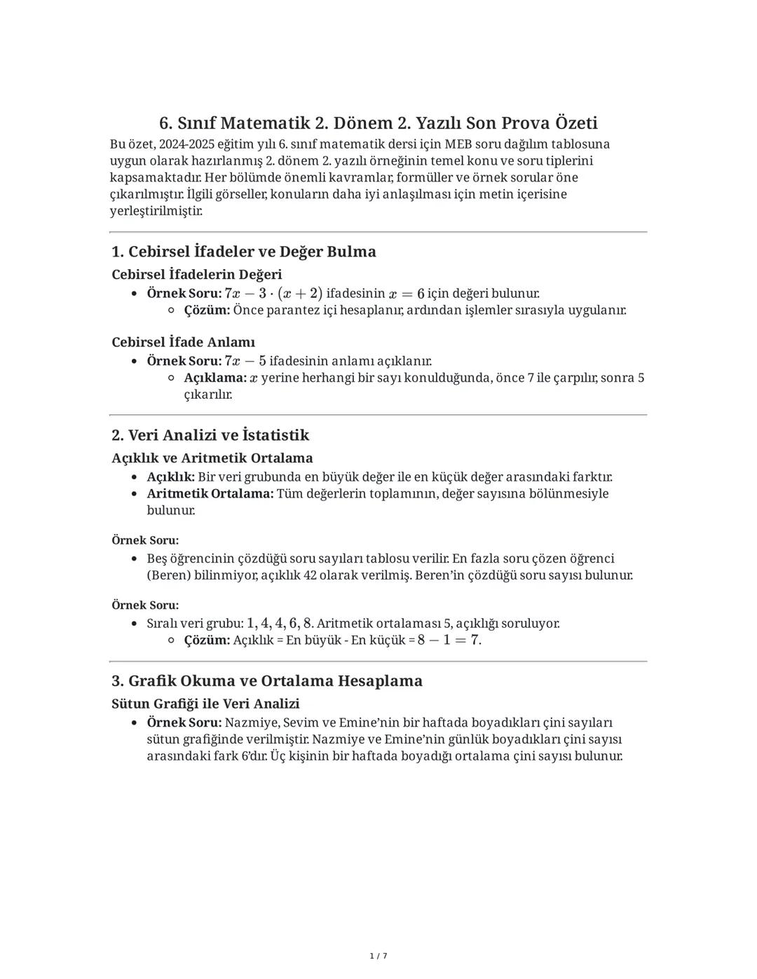 6. Sınıf Matematik 2. Dönem 2. Yazılı Son Prova Özeti
Bu özet, 2024-2025 eğitim yılı 6. sınıf matematik dersi için MEB soru dağılım tablosun