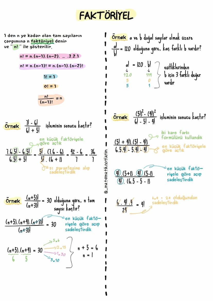 FAKTÖRİYEL
1 den nye kadar olan tam sayıların
çarpımına n faktöriyel denir
ven! ile gösterilir.
n! = n.(n-1). (n-2). ... .3.2.1
n! = n.(n-1)