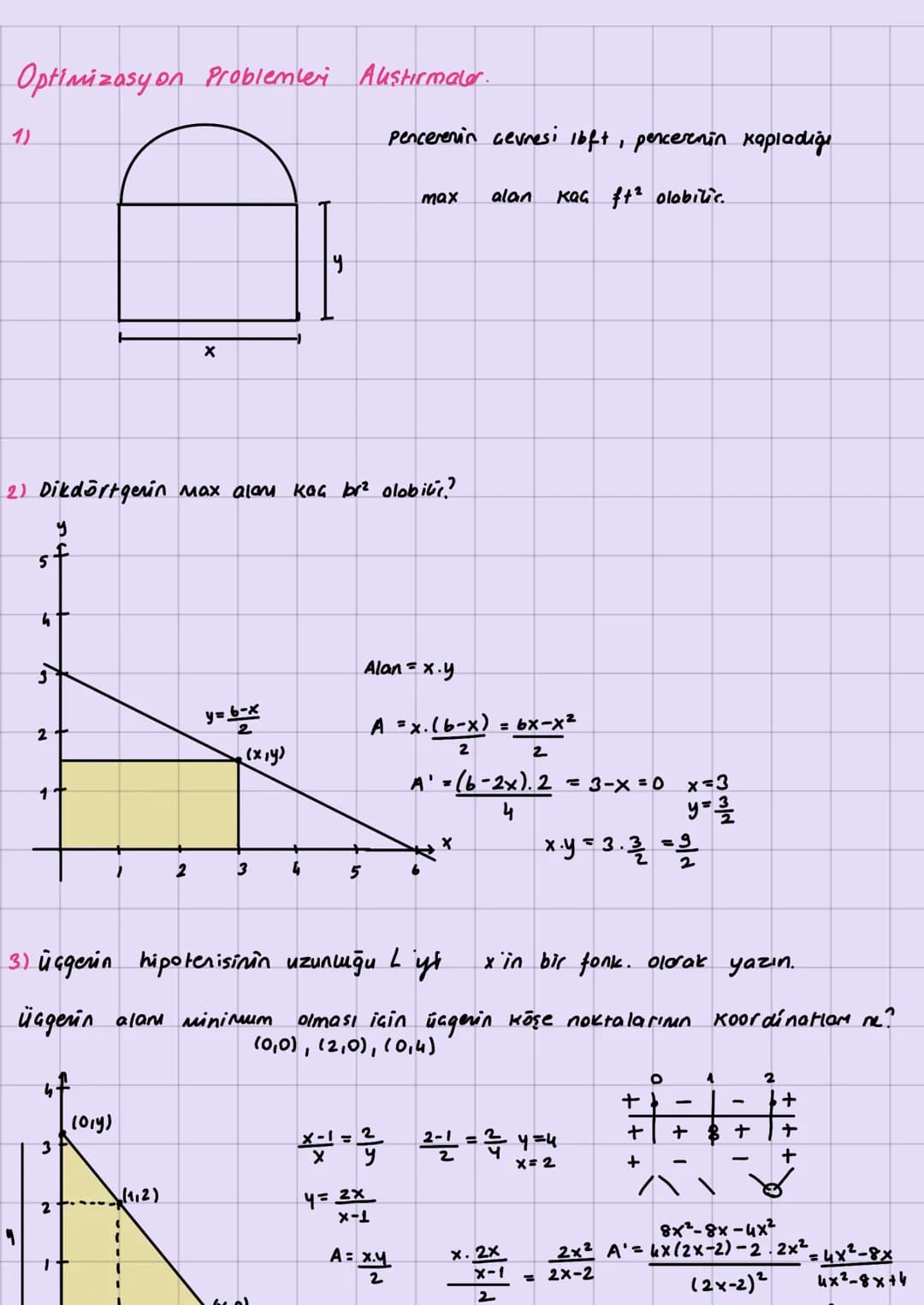 Optimizasyon Problemleri Austirmaler.
1)
pencerenin Gevresi 1bft, pencerenin kapladiġi
x
max
2) Dikdörtgenin max alam kaç br² olabilir?
5
y
