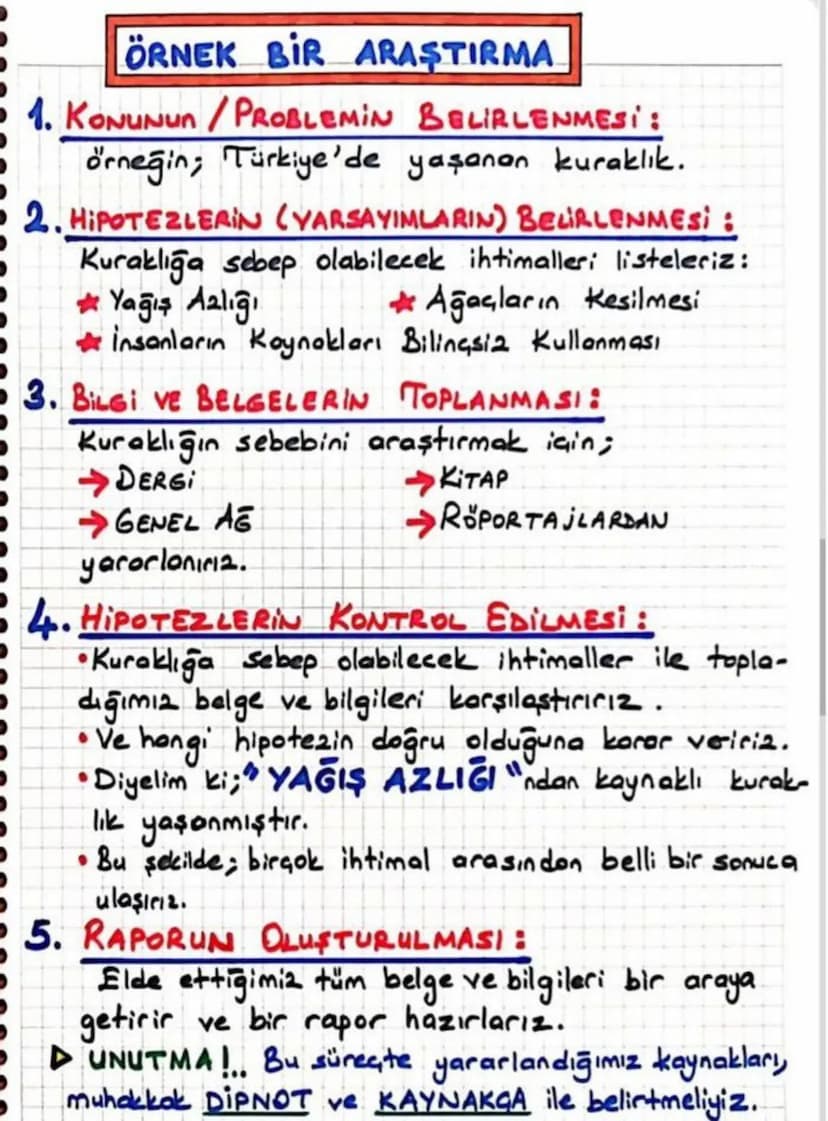 * BILIMSEL ARAŞTIRMA BASAMAKLARI *
1.
Konunun
(Problemin)
Belirlenmesi
2.
3.
Bilgi ve
Belgelerin
Toplanması
4.
Hipotezlerin
Kontrol
Edilmesi