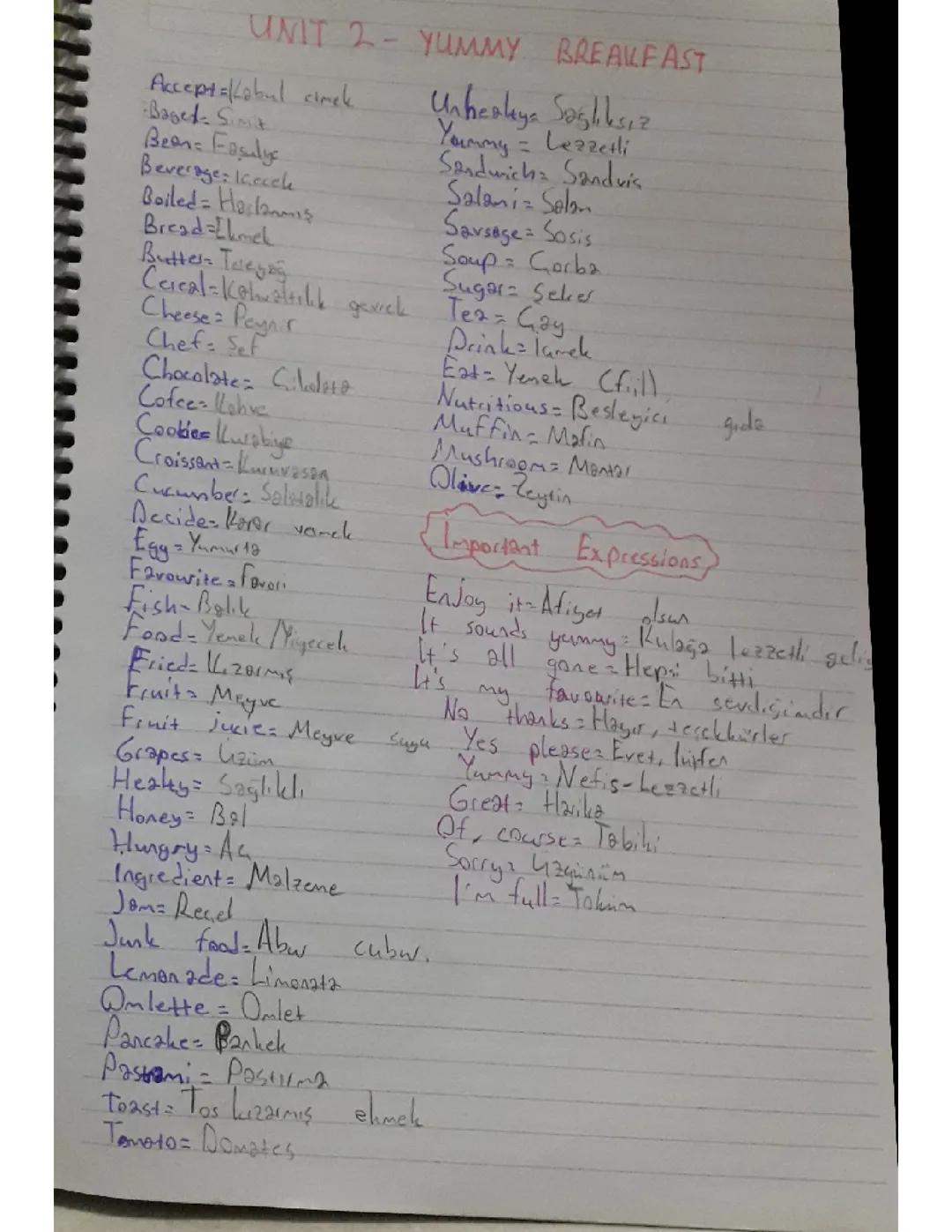 6. Sınıf İngilizce Yummy Breakfast Ünitesi Kelime Listesi