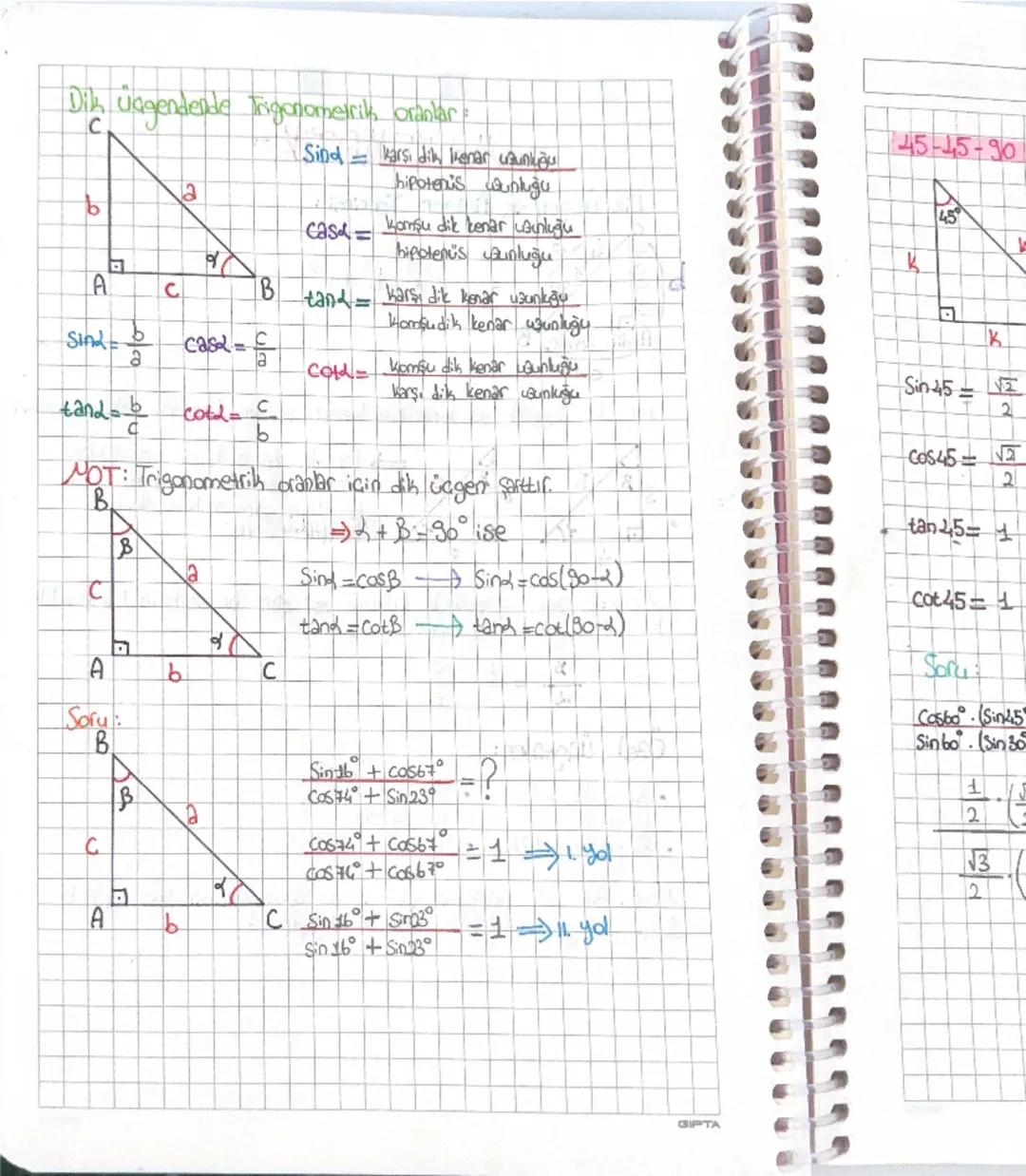 =MATEMATIK=
Dik üçgen ve Pisagor Teorimi:
C
hipotenüs
a
==²+c²
dik kenar
A dik kenar B
C
Bir dik üçgende dik kenarların kareleri toplamı hip
