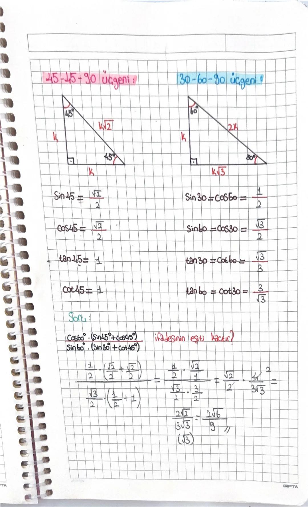 =MATEMATIK=
Dik üçgen ve Pisagor Teorimi:
C
hipotenüs
a
==²+c²
dik kenar
A dik kenar B
C
Bir dik üçgende dik kenarların kareleri toplamı hip