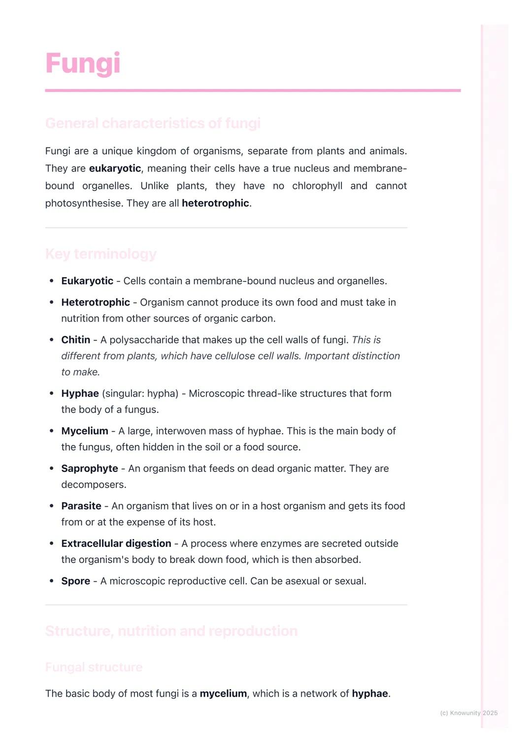 # Fungi

General characteristics of fungi

Fungi are a unique kingdom of organisms, separate from plants and animals.
They are eukaryotic, m