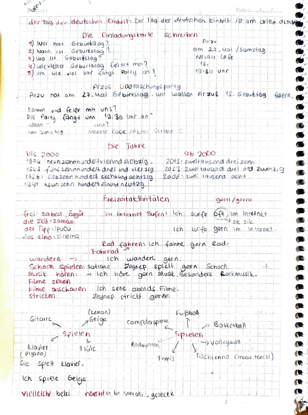 Subject:
Date...................
Essen und Trinken
essen: yemek yemek
das Essen = yemek.
trinken: iamek
das obst meyve
das Gemüse: Sebre
ess