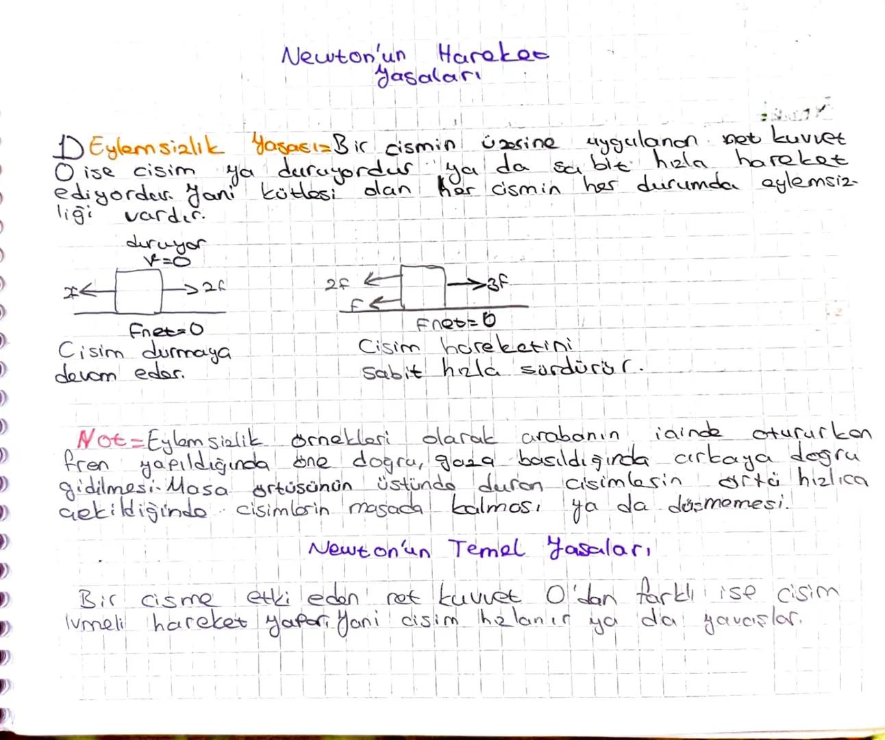 # Newton'un Hareket
Yasaları

DEylemsizlik Yasası= Bir cismin üzerine uygulanan net kuvvet
O ise cisim ya duruyordur ya da sa ble hızla hare