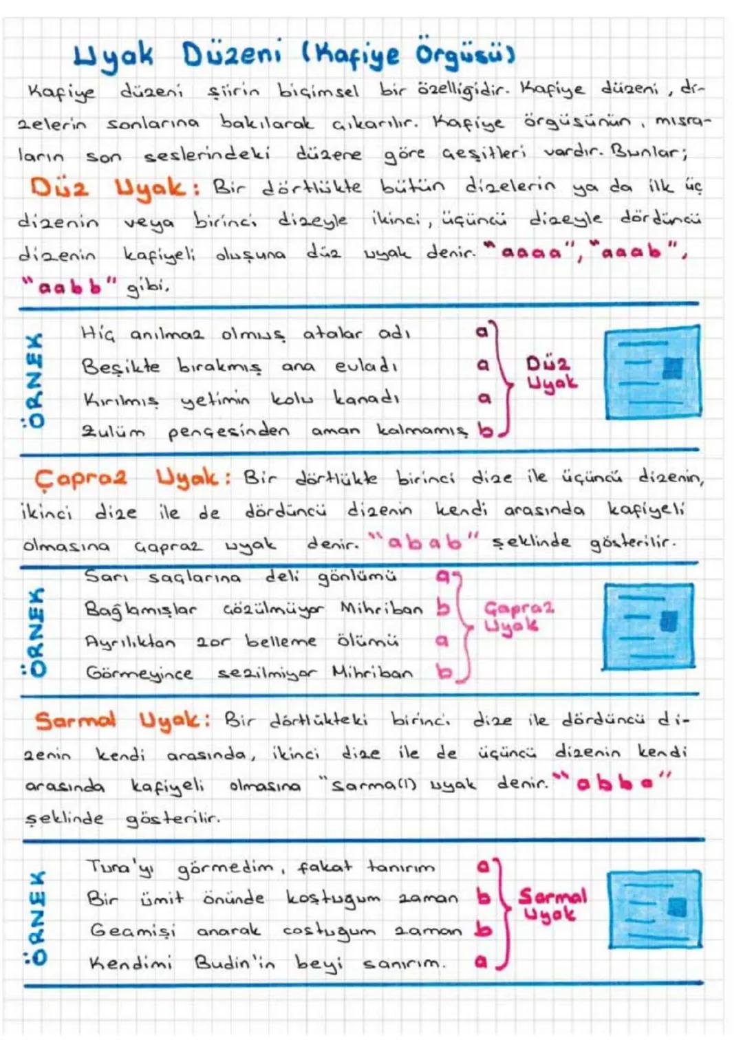 Hyak Düzeni (Kafiye Örgüsü)
Duz
Kafiye düzeni şiirin biçimsel bir özelliğidir. Kafiye düzeni, di-
2elerin sonlarına bakılarak çıkarılır. Kaf
