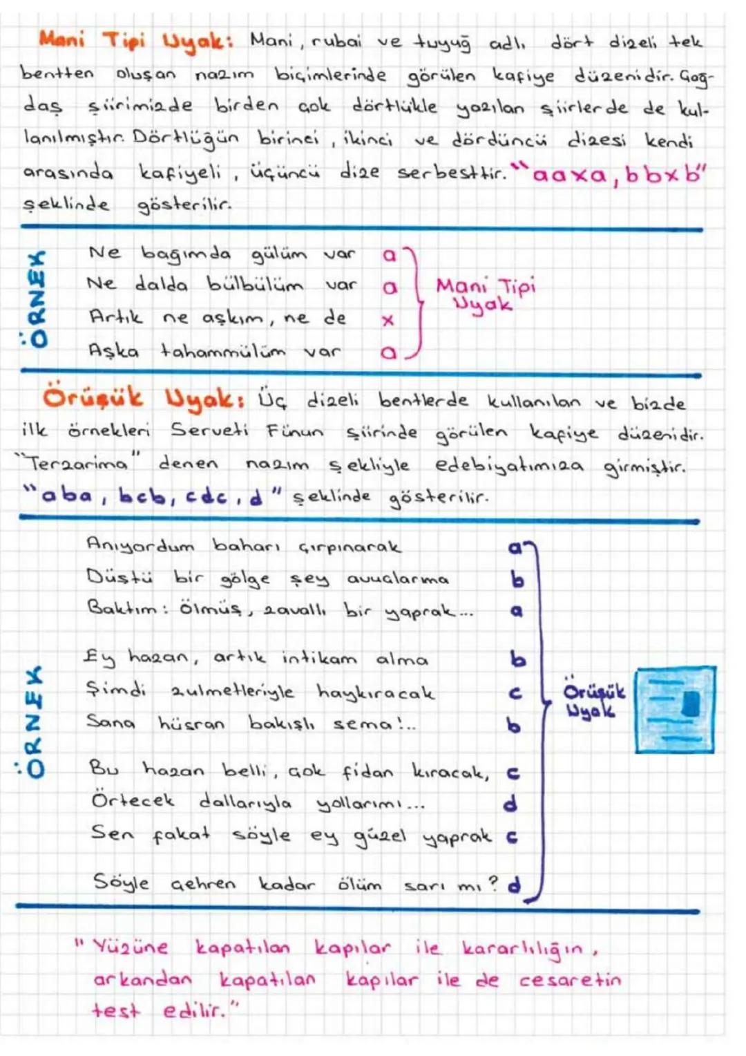 Hyak Düzeni (Kafiye Örgüsü)
Duz
Kafiye düzeni şiirin biçimsel bir özelliğidir. Kafiye düzeni, di-
2elerin sonlarına bakılarak çıkarılır. Kaf