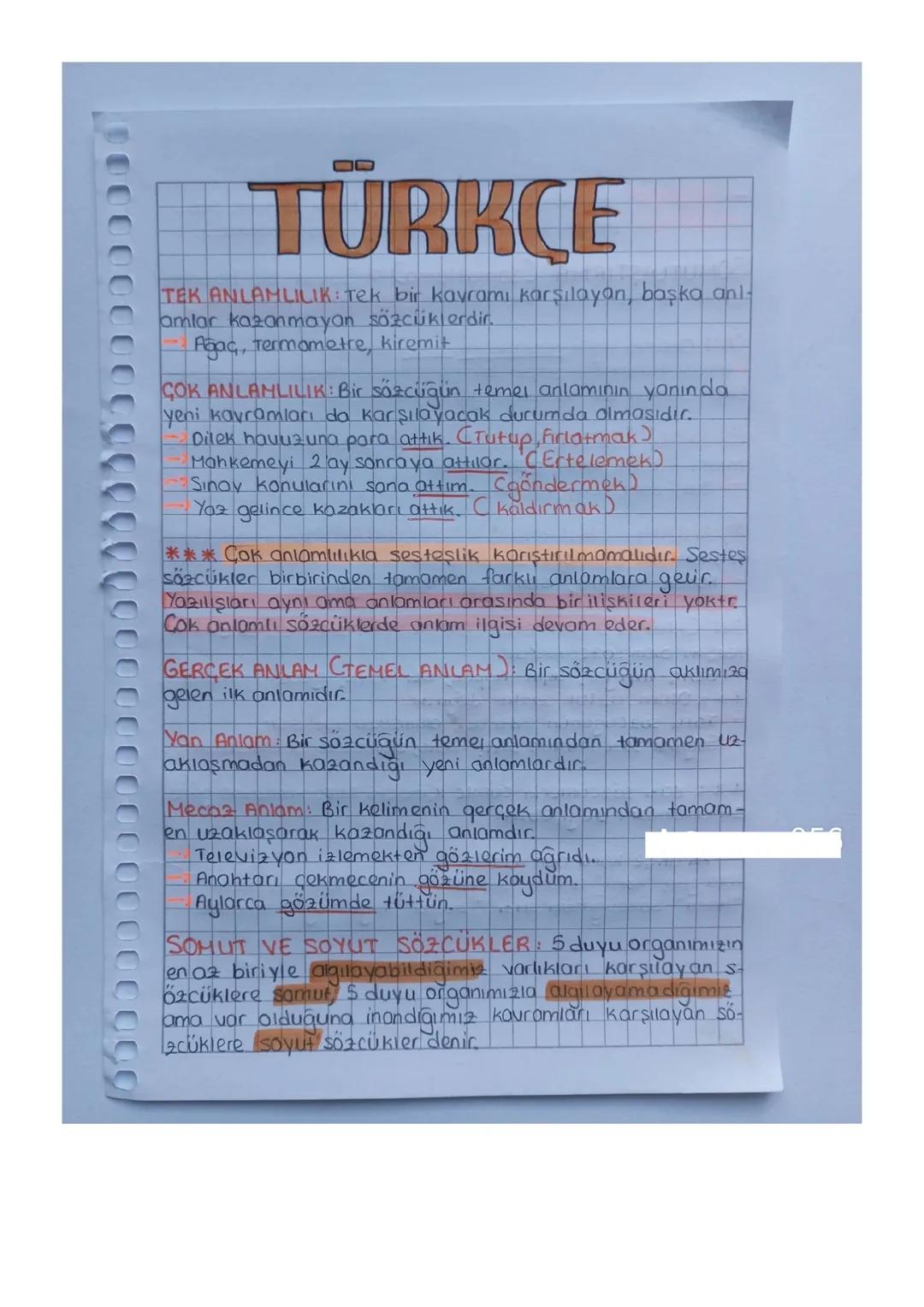 TÜRKÇE
TEK ANLAMLILIK: Tek bir kavramı karşılayan, başka anl
amlar kazanmayan sözcüklerdir.
Agac, Termometre, kiremit
ÇOK ANLAMLILIK: Bir sö