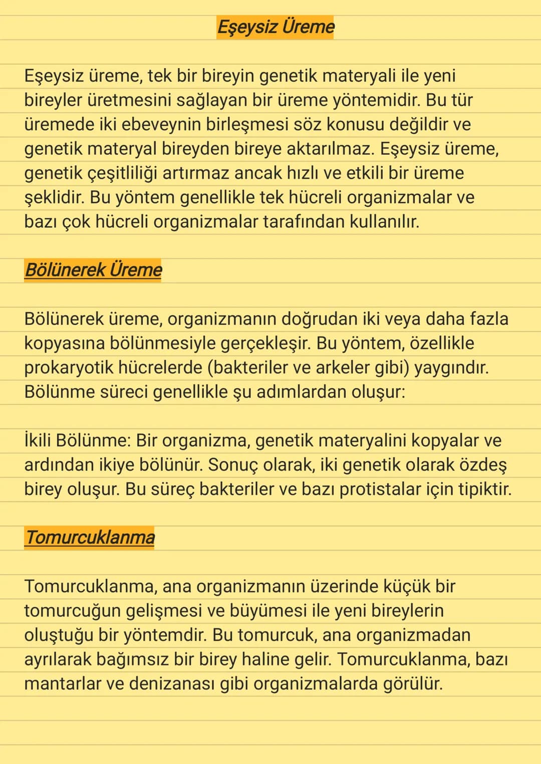 Eşeysiz Üreme
Eşeysiz üreme, tek bir bireyin genetik materyali ile yeni
bireyler üretmesini sağlayan bir üreme yöntemidir. Bu tür
üremede ik