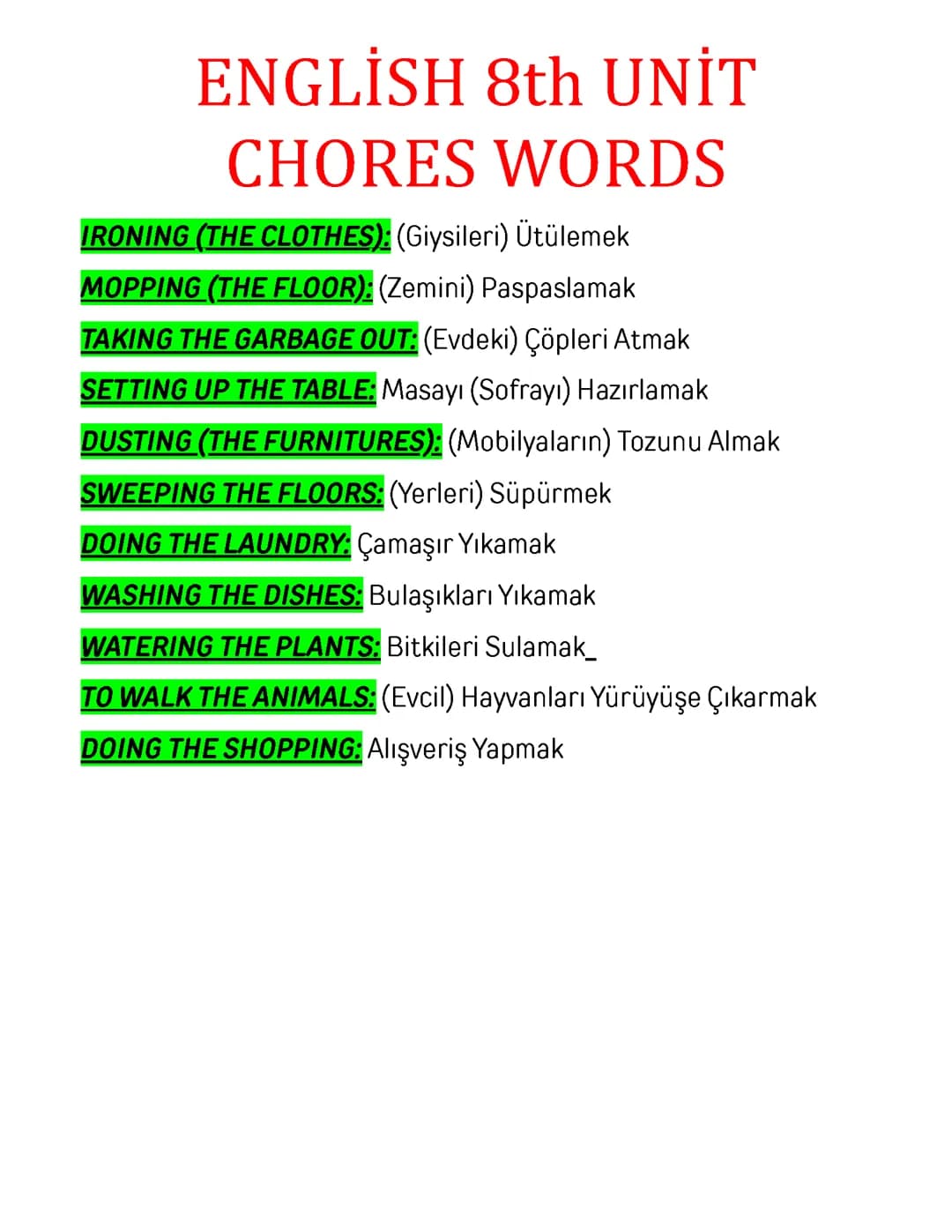İNGİLİZCE 8.Sınıf 8.Ünite "Chores" Kelimeleri 