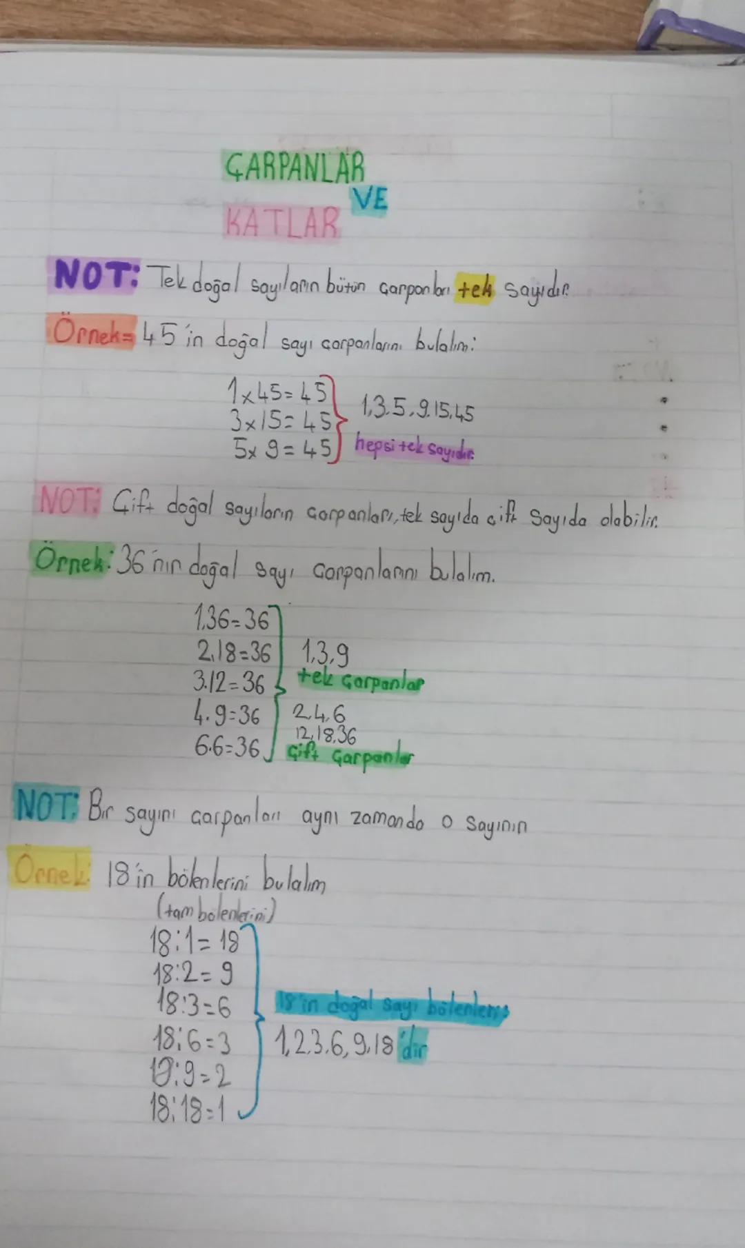 # GARPANLAR

# KATLAR VE

NOT: Tek doğal sayıların bütün çarpanırı tek sayıdırn

Örnek 45 in doğal sayı çarpanlarını bulalım:

1x45=45
3×454