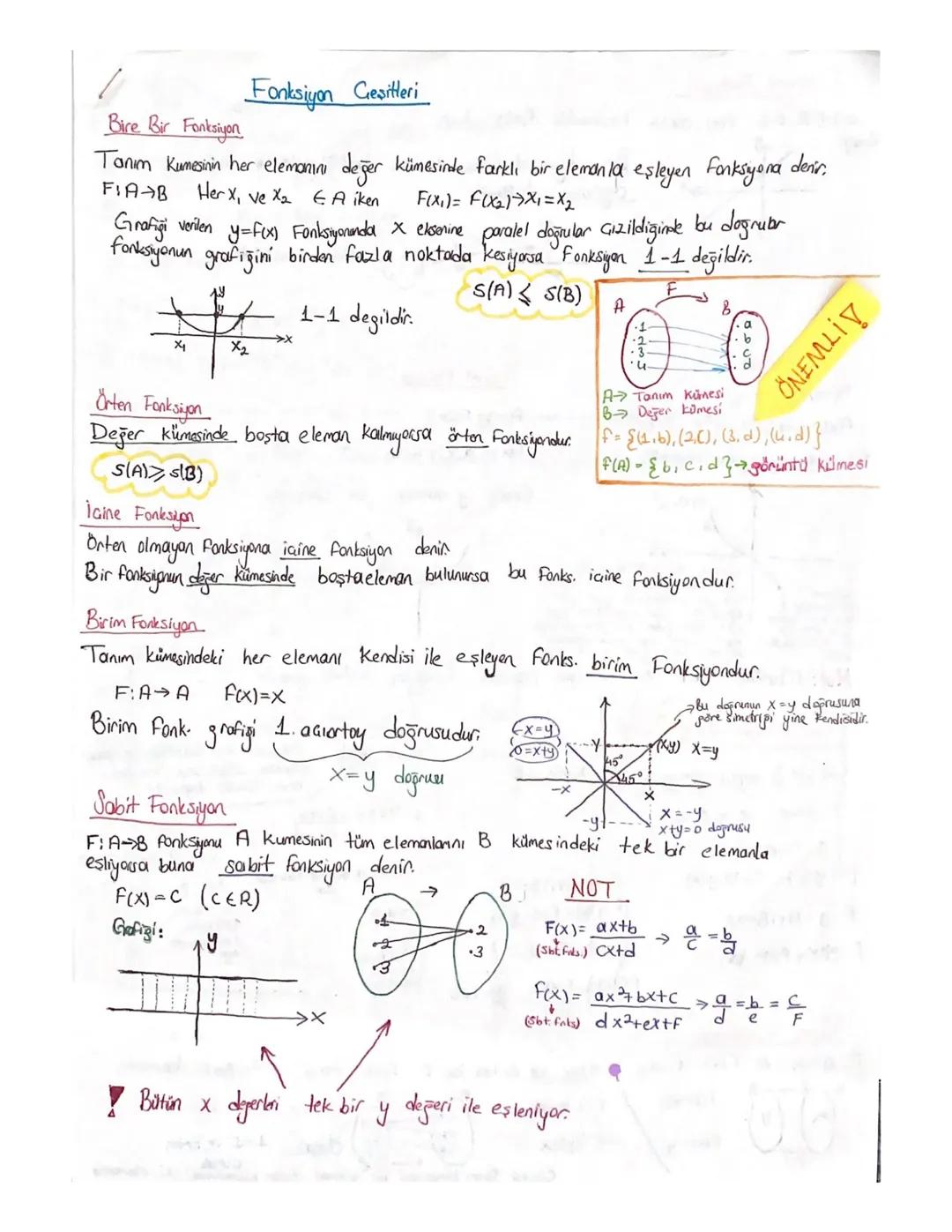 Bire Bir Fonksiyon
Fonksiyon Geşitleri
Tonim Kumesinin her elemanını değer kümesinde farklı bir elemanla eşleyen fonksiyona denir.
FIA¬B
Her