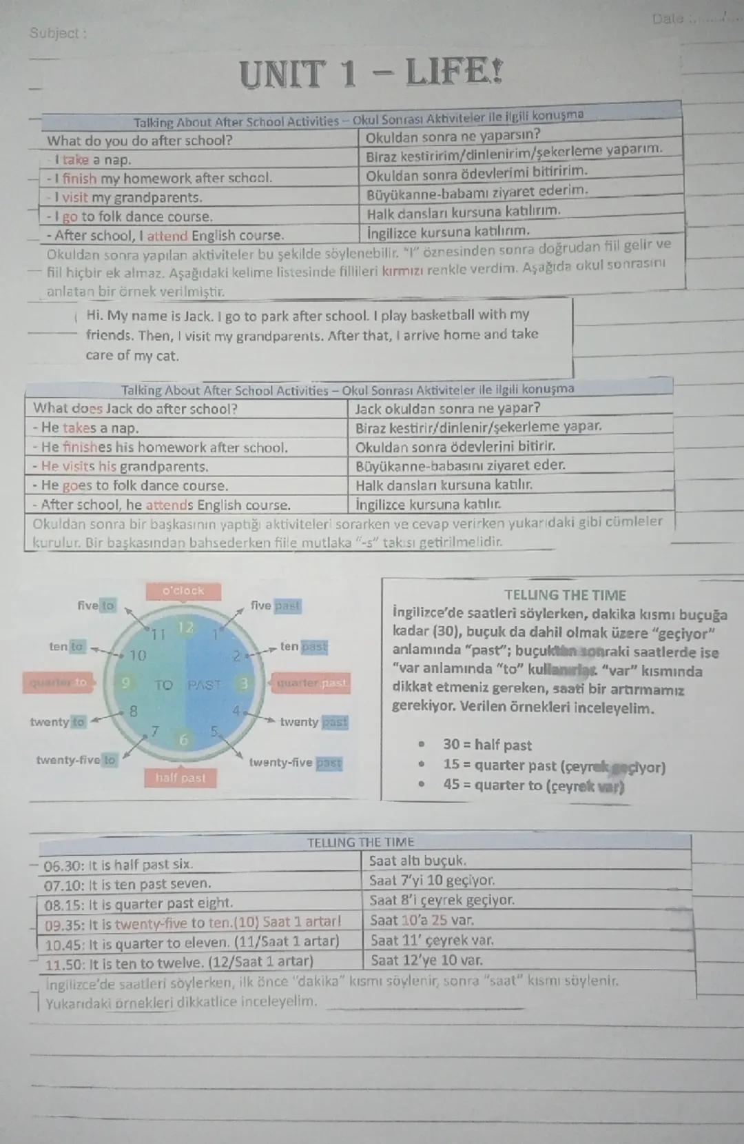 6. Sınıf İngilizce: Günlük Hayat ve Kelime Örnekleri