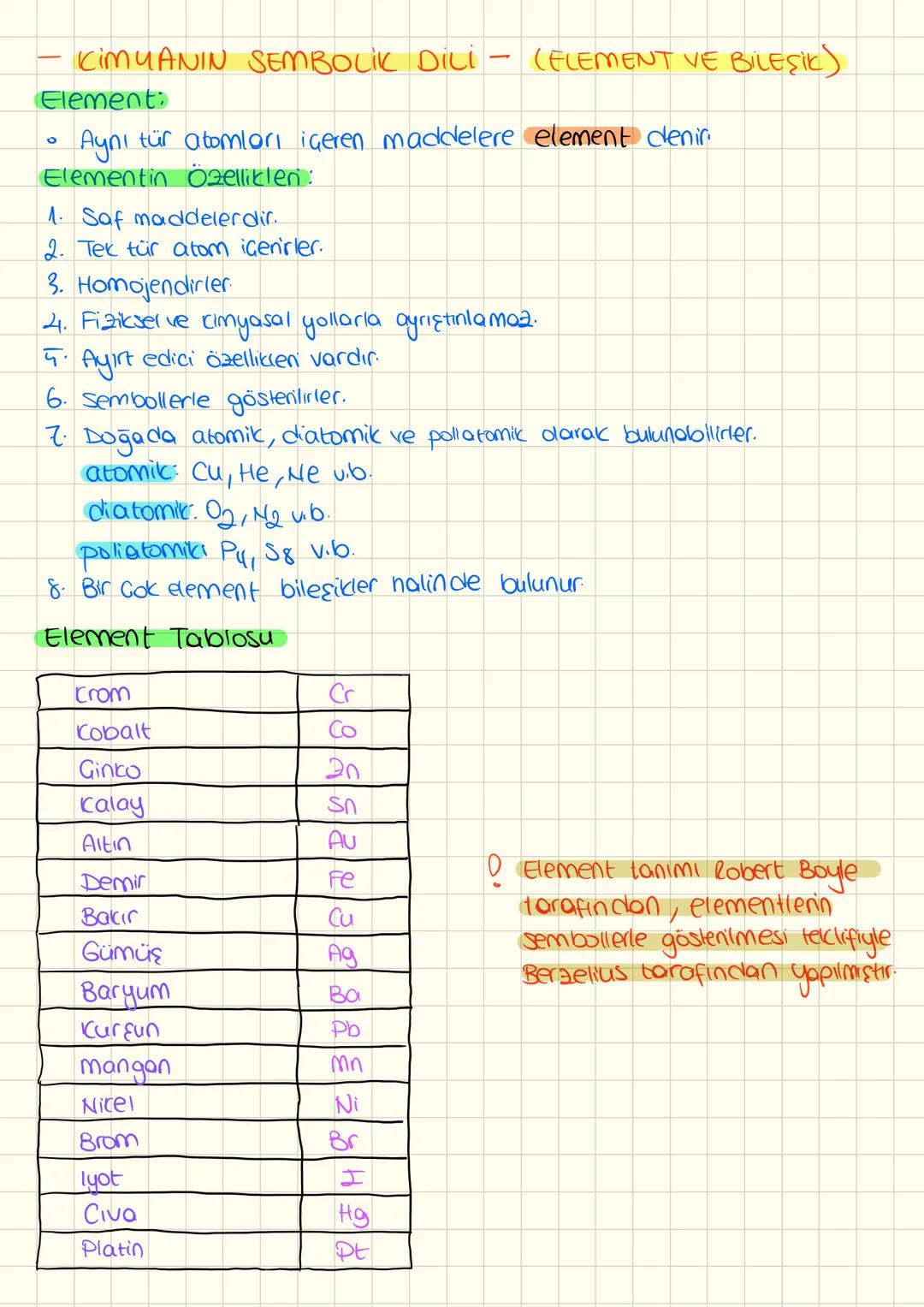 - KIMYANIN SEMBOLIK DILI - (ELEMENT VE BILEŞİK)

Element:

*   Aynı tür atomları içeren maddelere element denir.

Elementin Özelliklen:

1. 