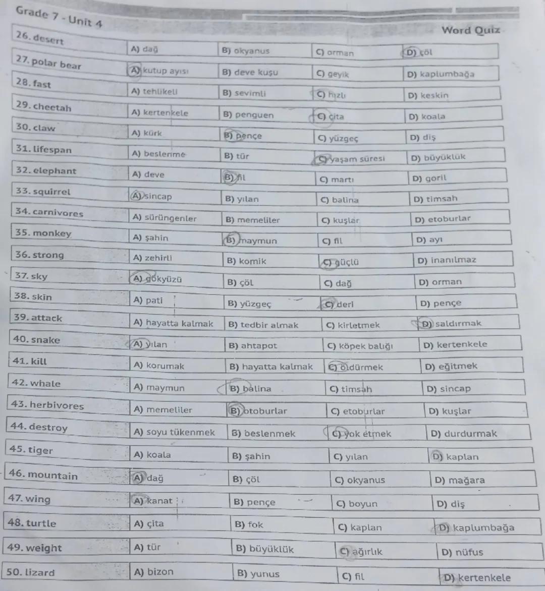 Grade 7-Unit 4

26. desert
A) dağ
B) okyanus
C) orman
(D) col

27. polar bear
A kutup ayısı
B) deve kuşu
C) geyik
D) kaplumbağa

28. fast
A)