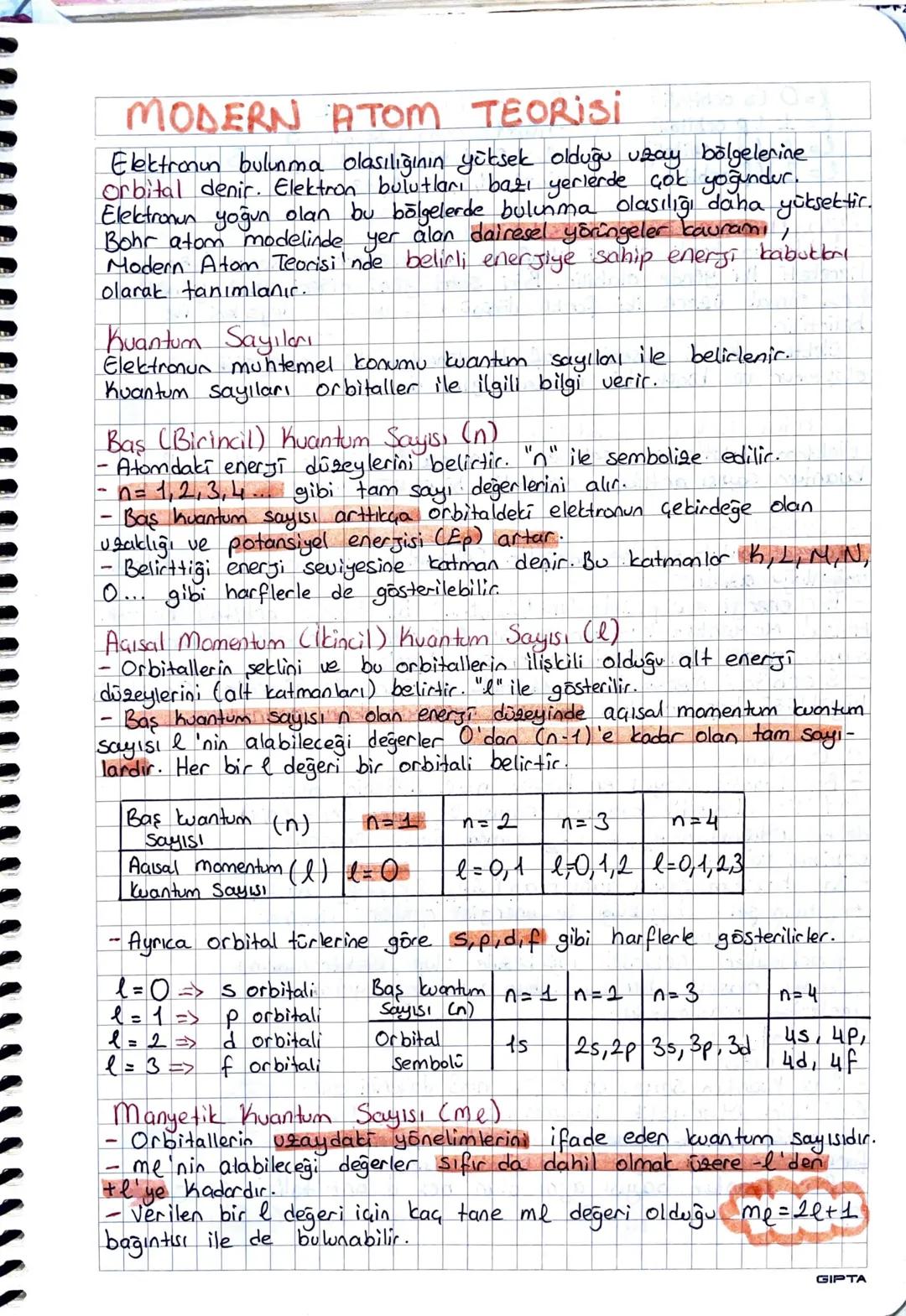 MODERN ATOM TEORİSi
Elektronun bulunma olasılığının yüksek olduğu uzay bölgelerine
orbital denir. Elektron bulutları bazı yerlerde çok yoğun