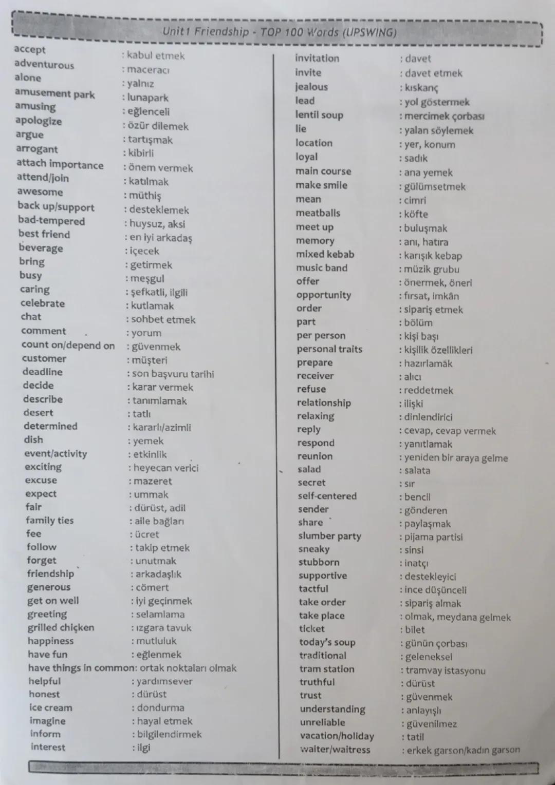 İngilizce friendship ünitesi kelimeleri