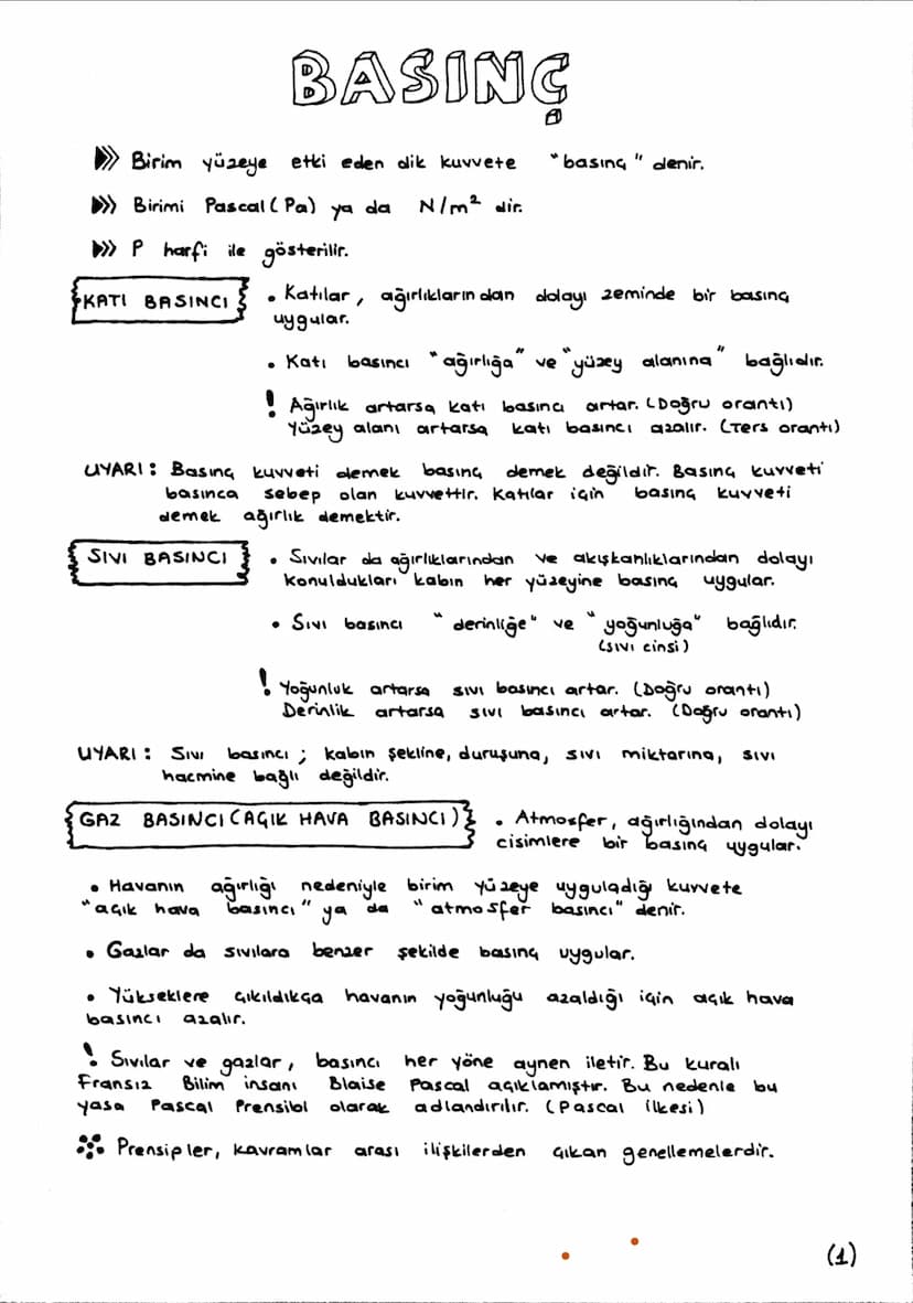 BASINÇ
Birim yüzeye etki eden dik kuvvete
» Birimi Pascal (Pa)
ya
Pharfi ile gösterilir.
KATI BASINCI
"basing " denir.
da
N/m² dir.
Katılar,