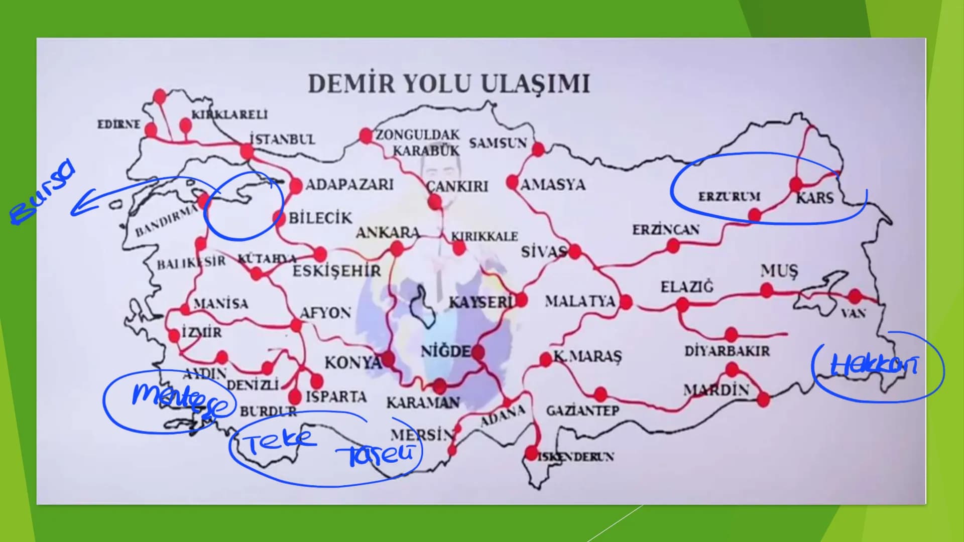 TÜRKİYE'DE ULAŞIM
Deniz
→ Demir
kara
→ Hava 1)- KARA YOLU
1950'lerden sonra gelişti (Marshall yardımı).
✓ Ülke içi yük ve yolcu taşımacılığı