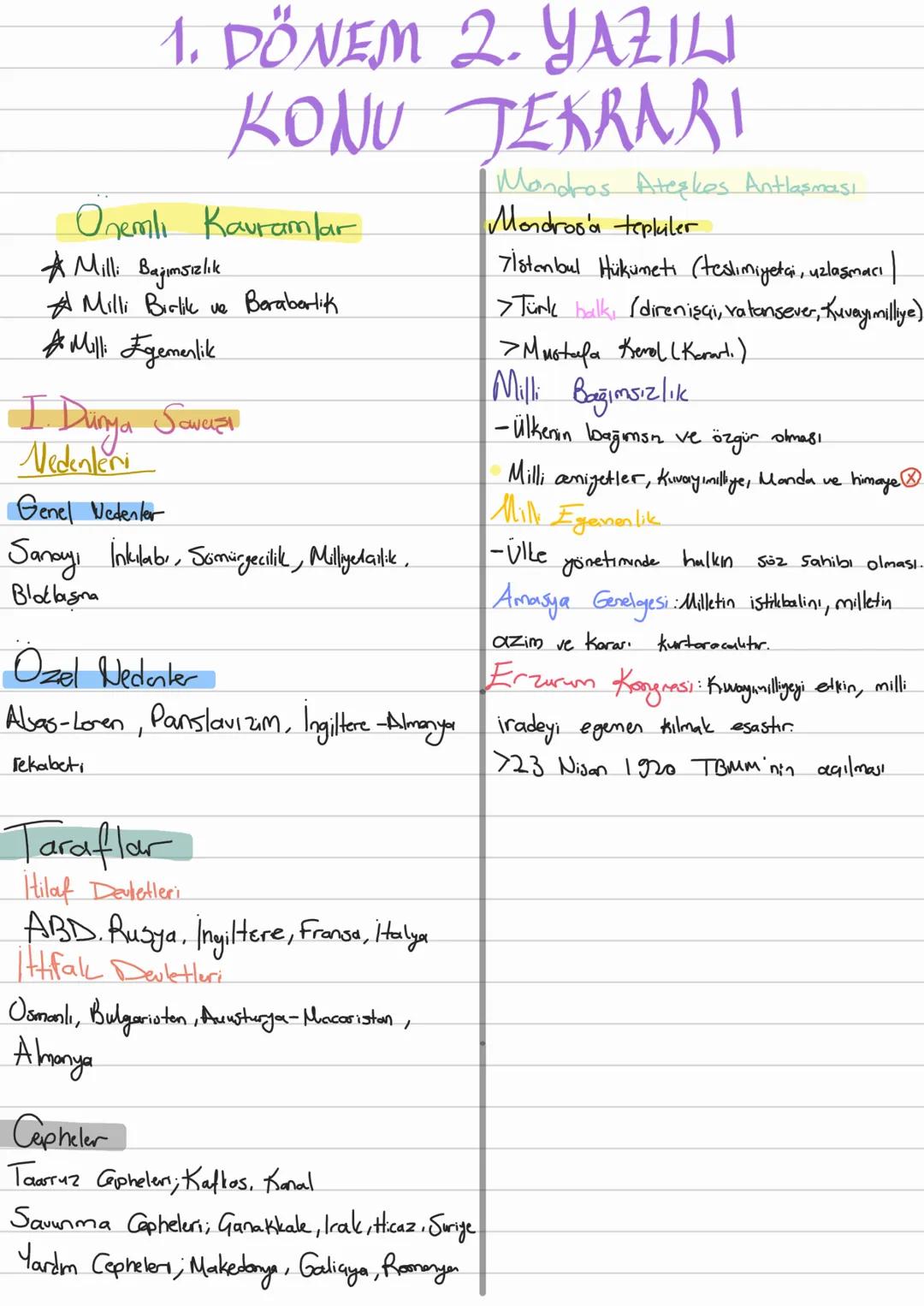 # 1. DÖNEM 2. YAZILI
KONU TEKRARI

Onemli Kavramlar
* Milli Bağımsızlık
* Milli Birlik ve Beraberlik
* Milli Egemenlik

I. Dunya Sawa
Nedenl