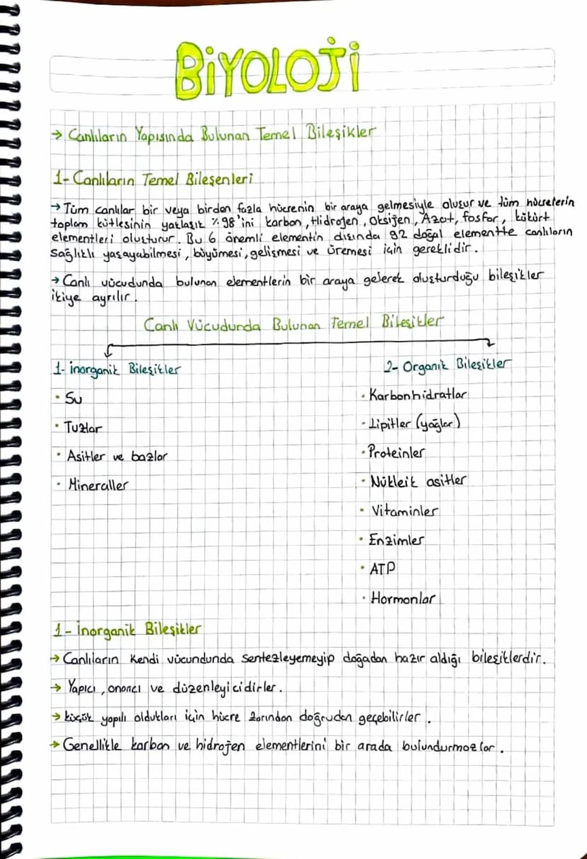 BİYOLOJİ
Canlıların Yapısında Bulunan Temel Bileşikler
1- Canlıların Temel Bileşenleri
→Tüm canlılar bir veya birden fazla hücrenin bir aray